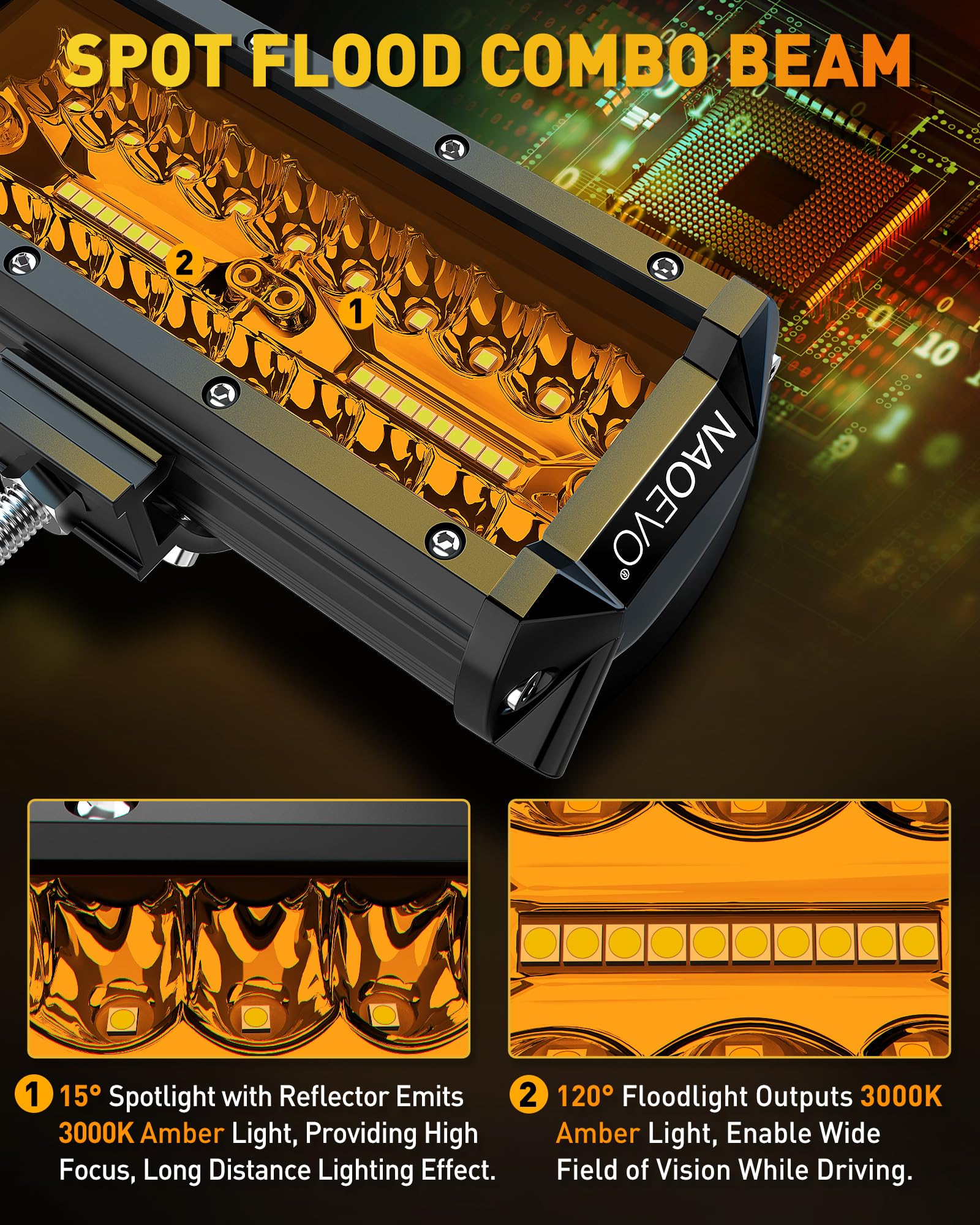 Naoevo 7 Inch Amber Led Light Bar, 240W 24,000Lm Offroad Fog/Driving Lights Led Pods With 2 Leads Wiring Harness Kit, Spot & Flo