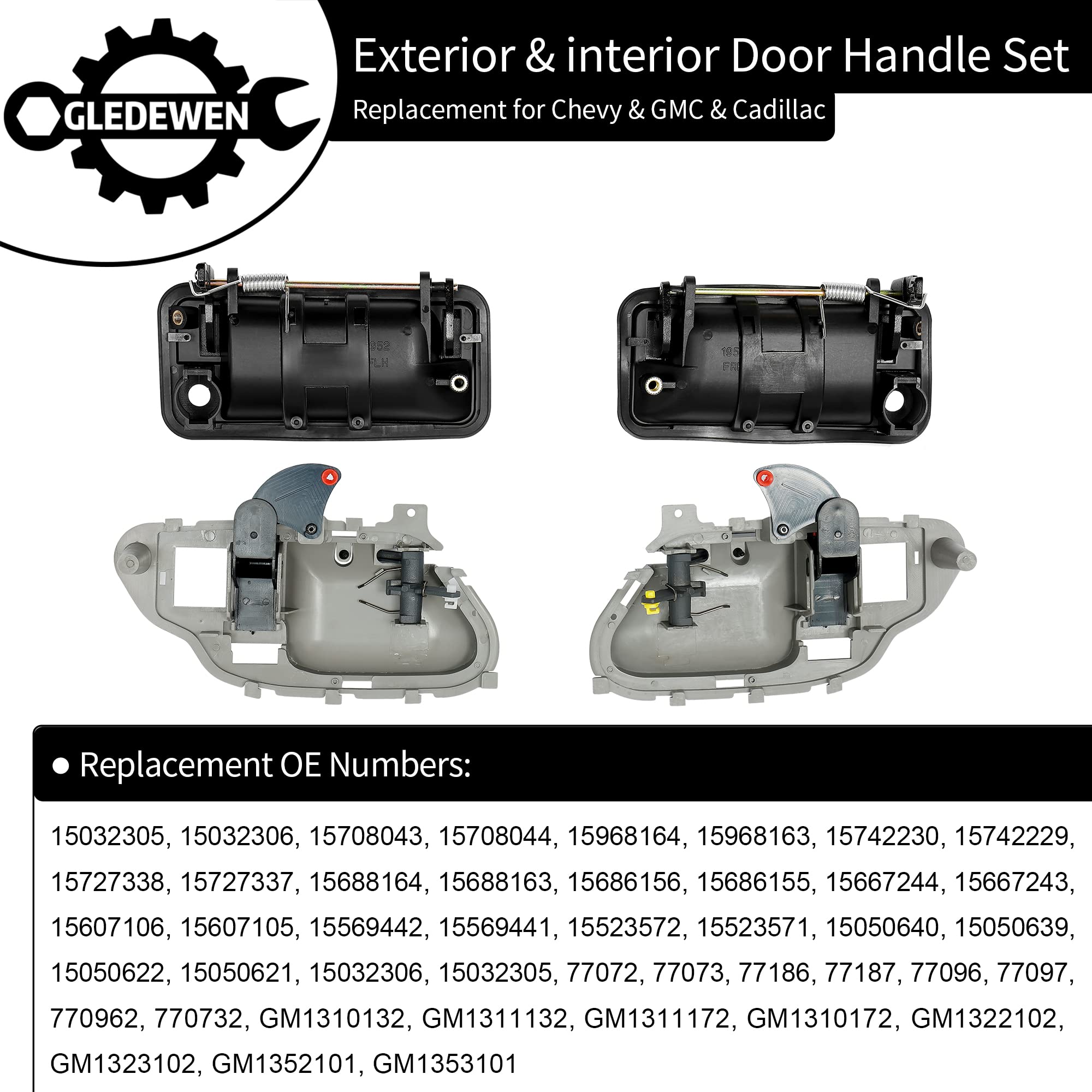 Door Handle Set Metal Exterior & Interior, Compatible with 1988-2001 Chevy K1500 K2500 K3500 C1500 C2500 C3500, GMC C/K 1500 250
