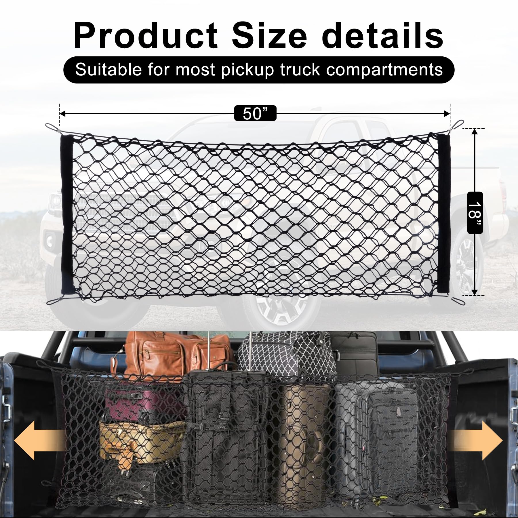 Amiss Truck Bed Cargo Net Stretchable, Adjustable Trunk Storage Net With Hook, Accessories For Pickup Bed Divider Organizer And