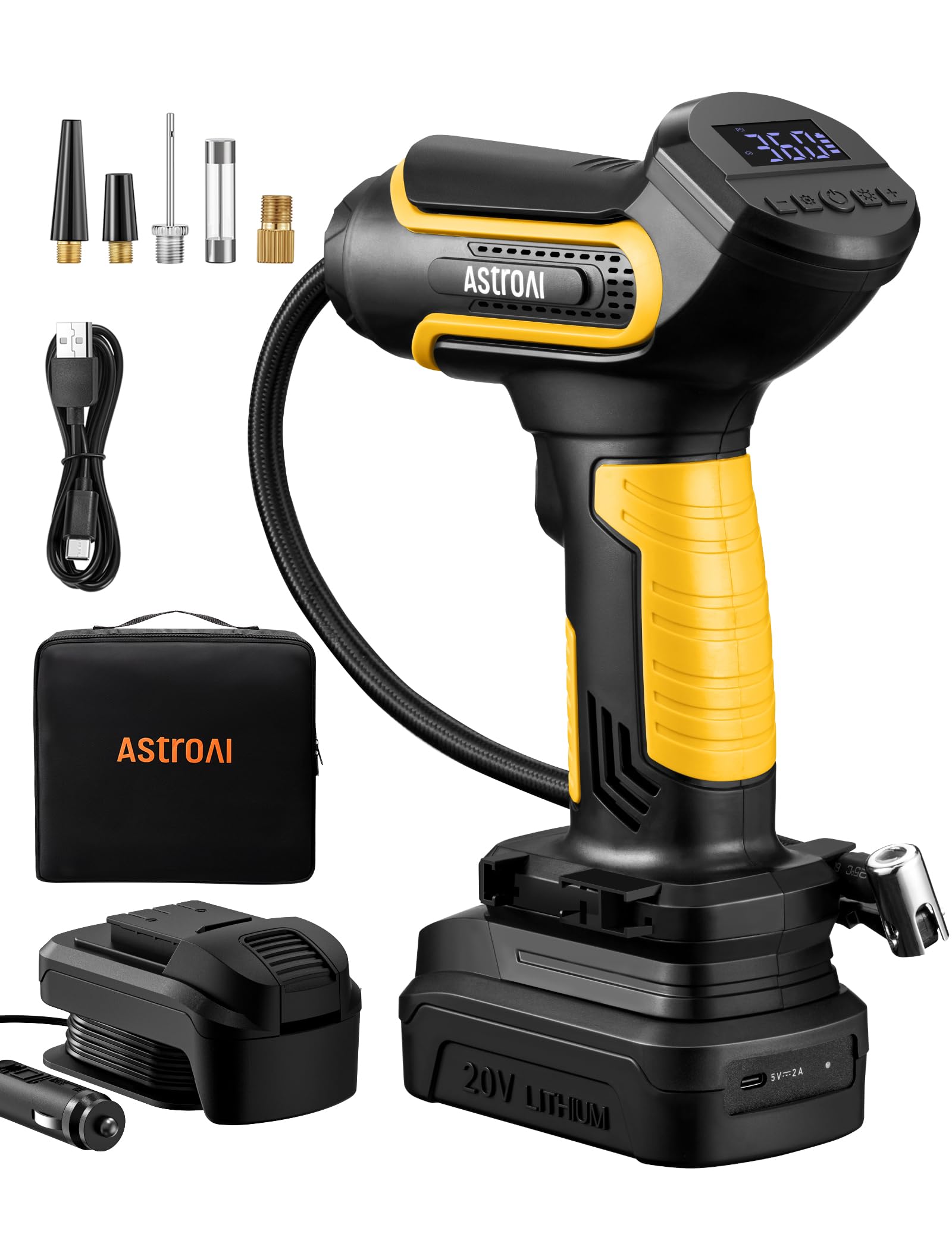 Astroai Tire Inflator Air Compressor Cordless Car Tire Pump With 20V Rechargeable Li-Ion Battery 150 Psi Portable Handheld Air Pump With 12 V Car Power Adapter For Cars Motorcycles Ls40791(C1) Yellow