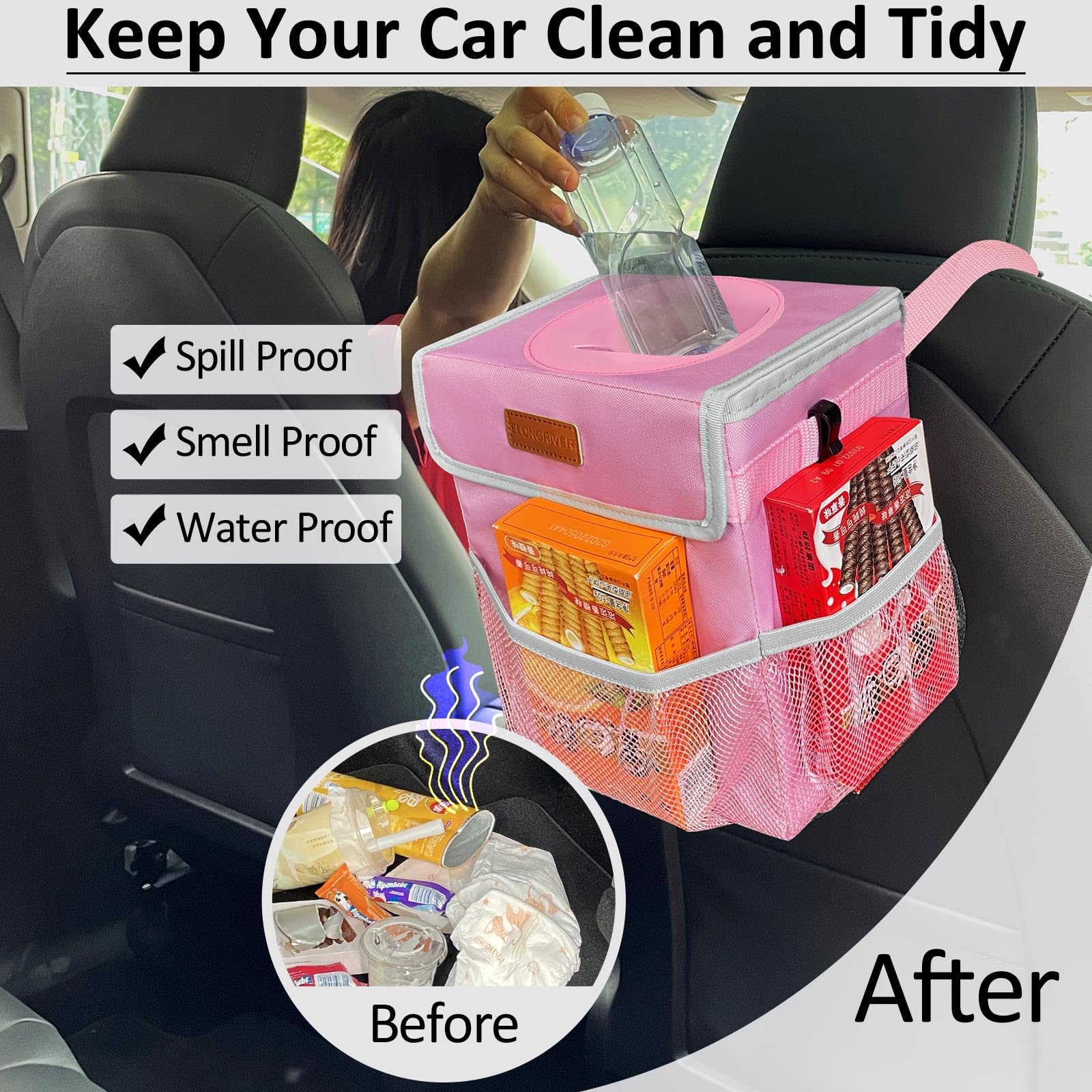 Elongriver Car Trash Can For Suvs, Trucks, Vans - Pink, 2 Gallons Capacity, Leak-Proof Liner, Utility Clasps, Cute Design
