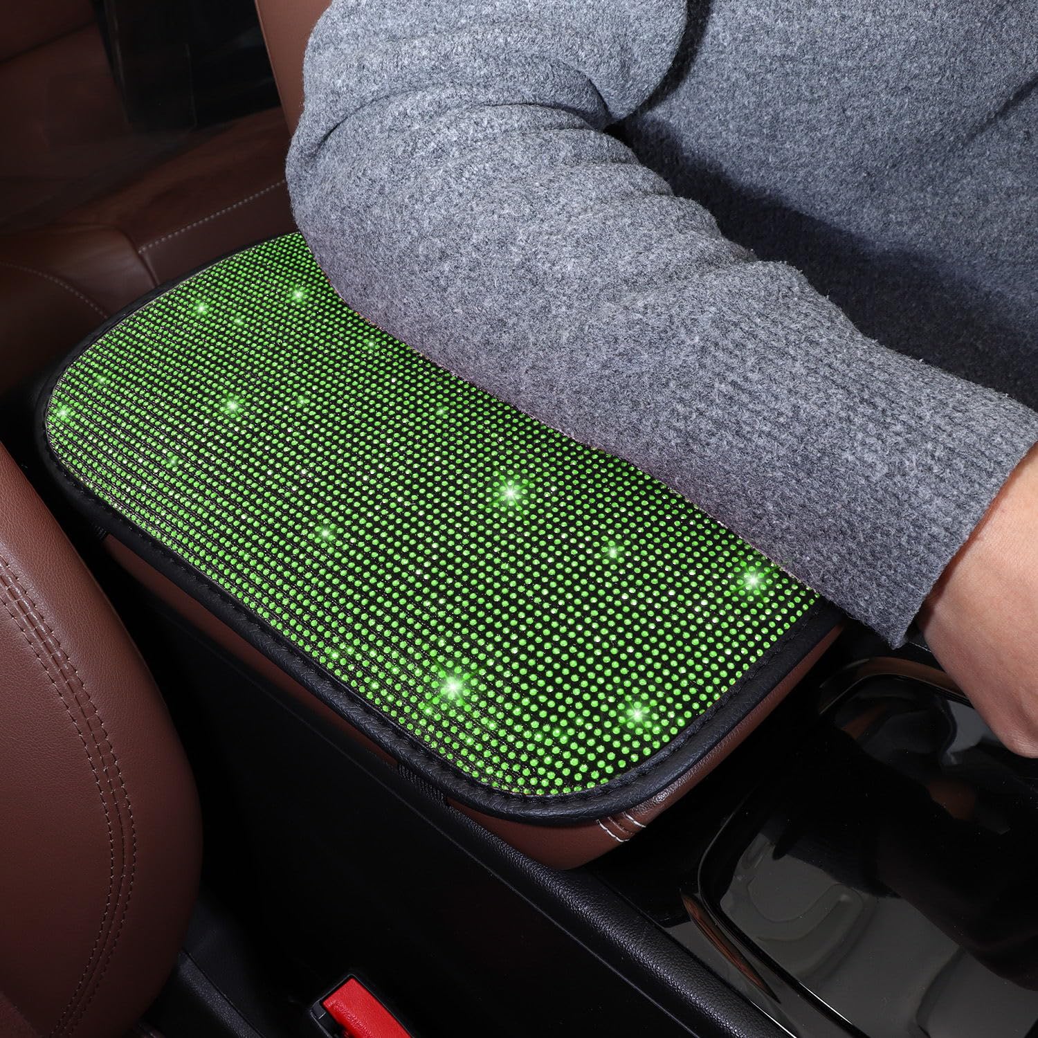 Tobequeen Green Arm Rest Cover For Car, Rhinestone Crystal Diamond Bling Arm Rest Cushion, Universal Fit All Vehicles, Interior