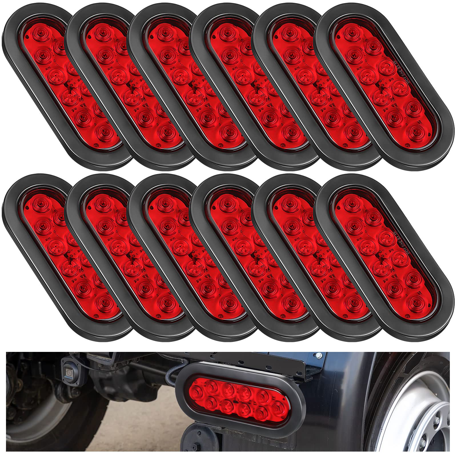 Yexiya 12 Pack Oval LED Trailer Light Kit - 10 LED Stop Reverse, Turn, Tail Lights with Wires and Grommet - IP67 Waterproof for 
