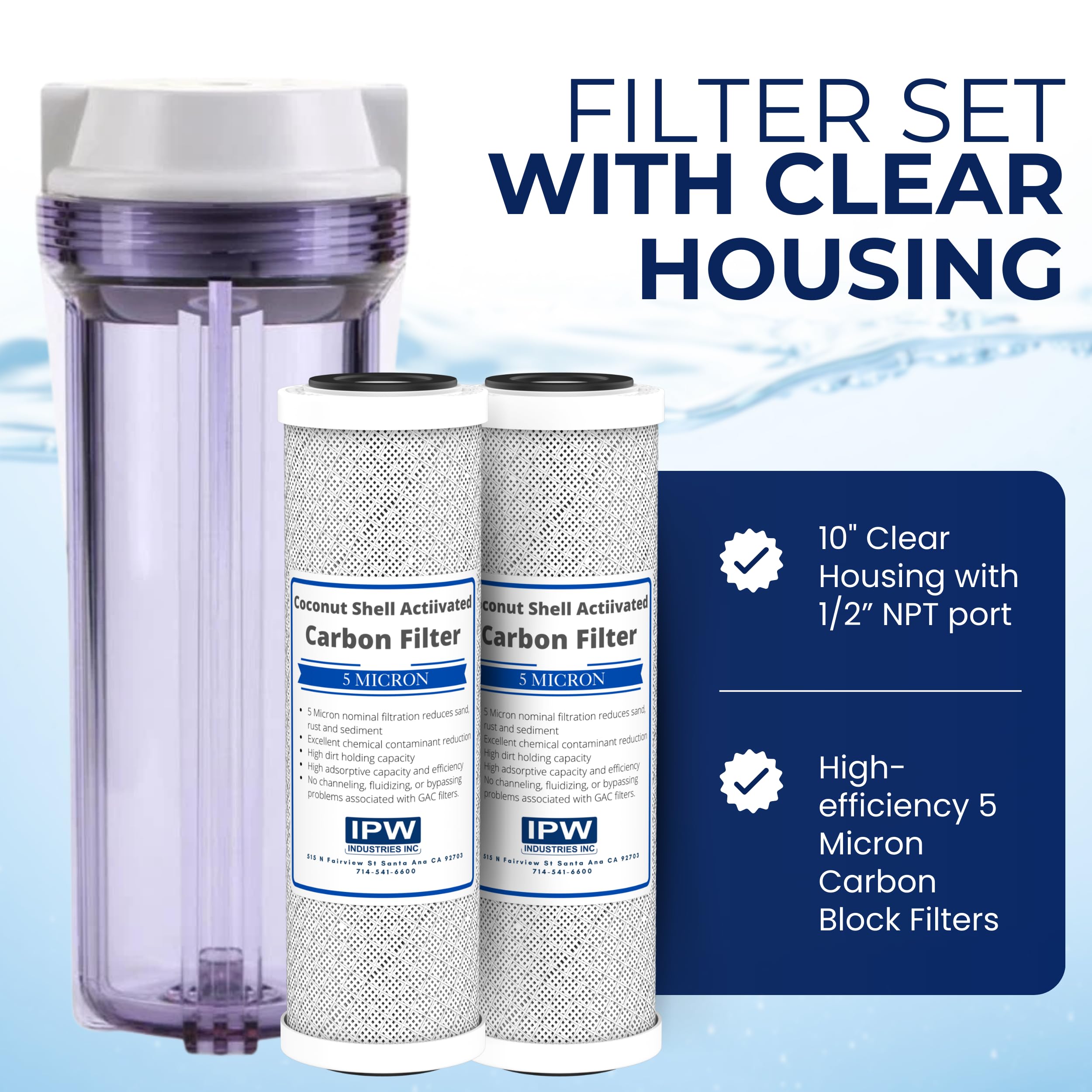 IPW Industries, Inc. - Water Pur Company (CCI-10CLW12) Filter Canister and (CCI-10-Ca) Carbon Block Filters - 1/2'' NPT Ports fo