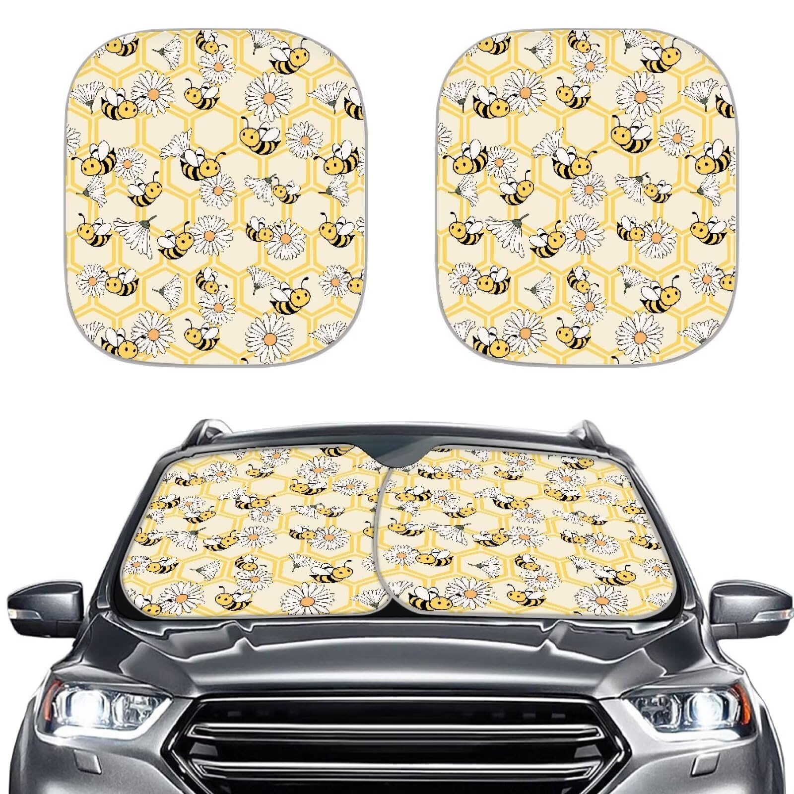 Renewold Bee Daisy Pattern Car Windshield Sun Shade Shield Portable Auto Sunshade Vehicles Sun Visor Fits For Most Sedan Van Suv