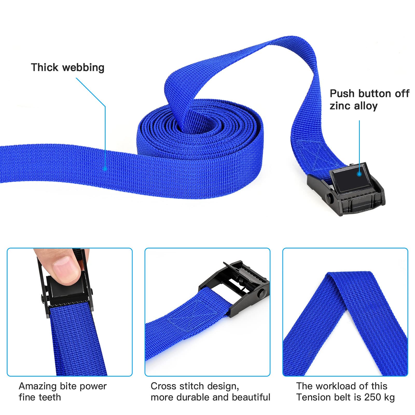 Kshineni Tie Down Straps 4 Pcs Cam Buckle Strap 19.7' X 1 Adjustable Lashing Cinch Ratchet Tie-Down Straps For Cargo, Trucks, Luggage, Trailer, Motorcycle (Blue)