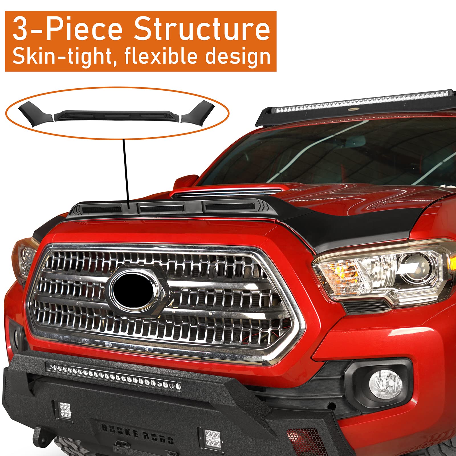 Hooke Road Tacoma Hood Deflector Bug Protector Shield Guard with Amber LED Lights for Toyota Tacoma 3rd Gen 2016 2017 2018 2019