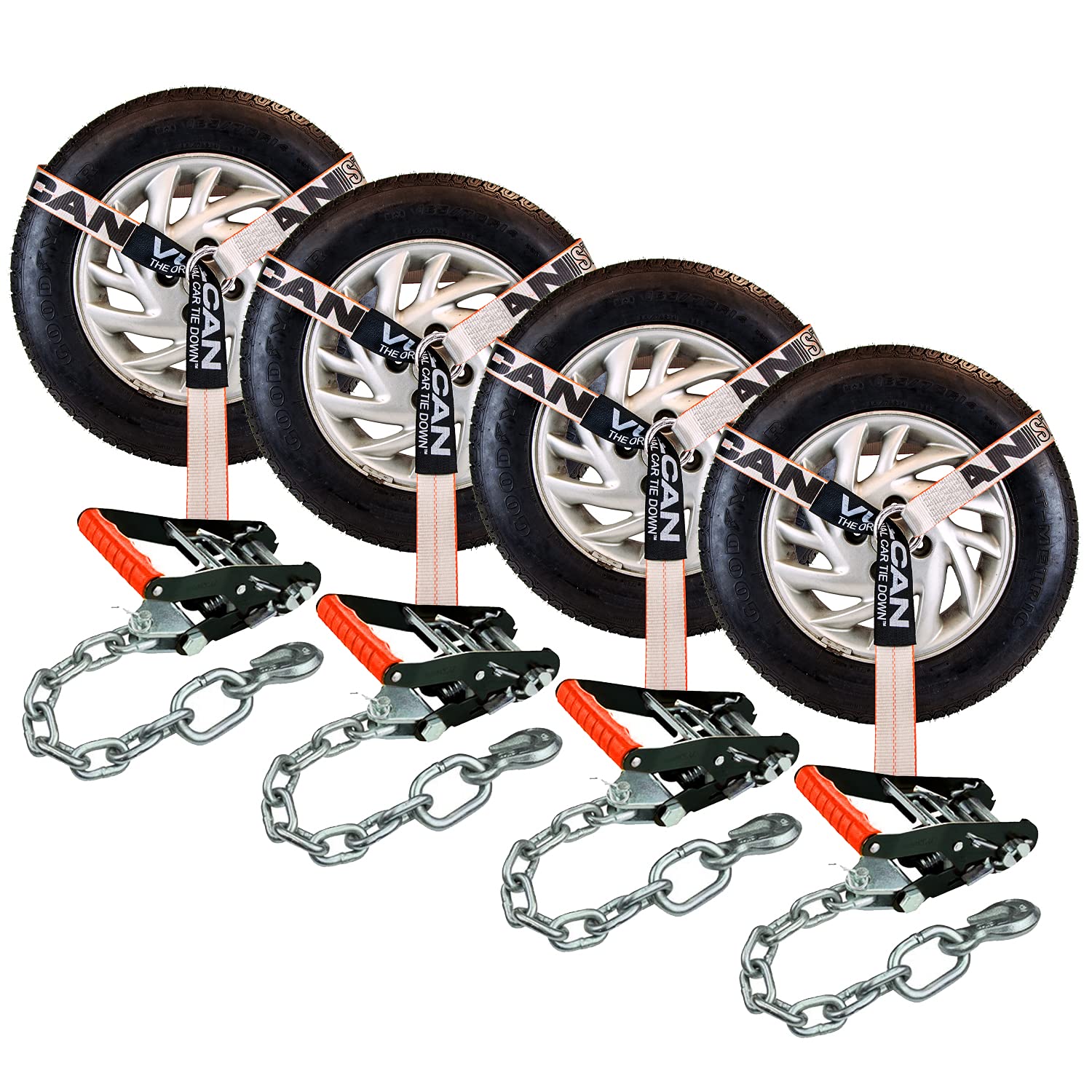 Vulcan Car Tie Down With Chain Anchors - Lasso Style - 2 Inch X 96 Inch - 4 Pack - Silver Series - 3,300 Pound Safe Working Load