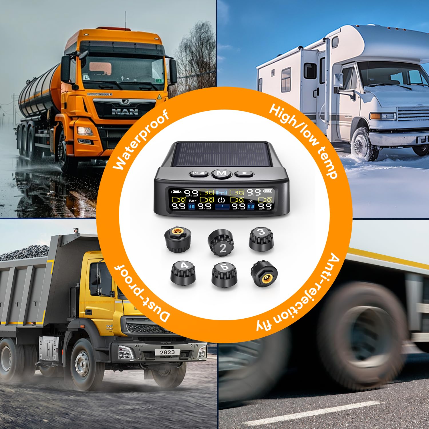 GEARGO RV Tire Pressure Monitoring System, Tire Pressure Monitor with Solar Charge, TPMS with 6 Sensors & 6 Alarm Modes,2025 Upd