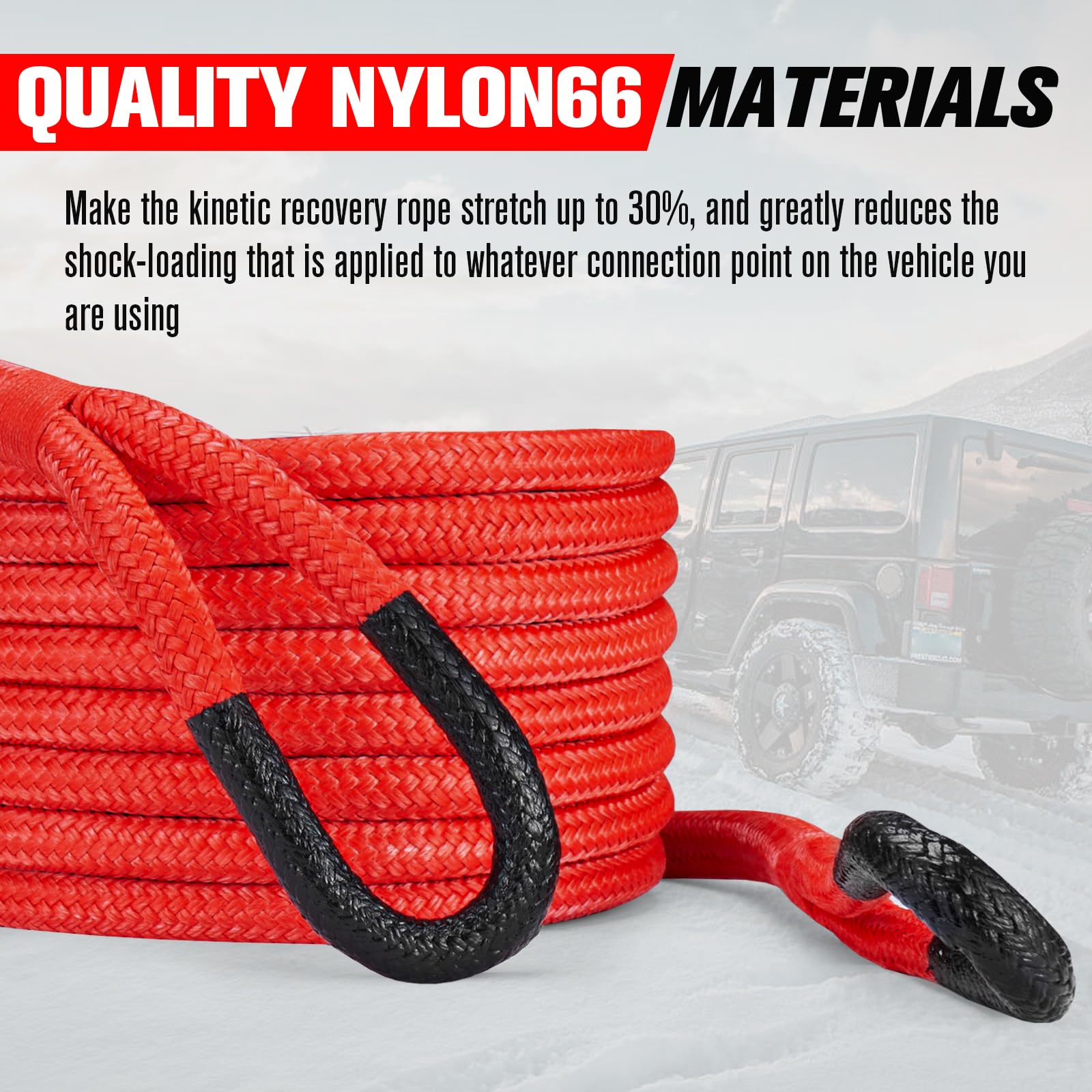 FIERYRED Kinetic Recovery Rope Kit - 7/8" x 20FT Heavy Duty Nylon Tow Rope with 2 Soft Shackles, Red, Model FY-TR2-RED-KIT