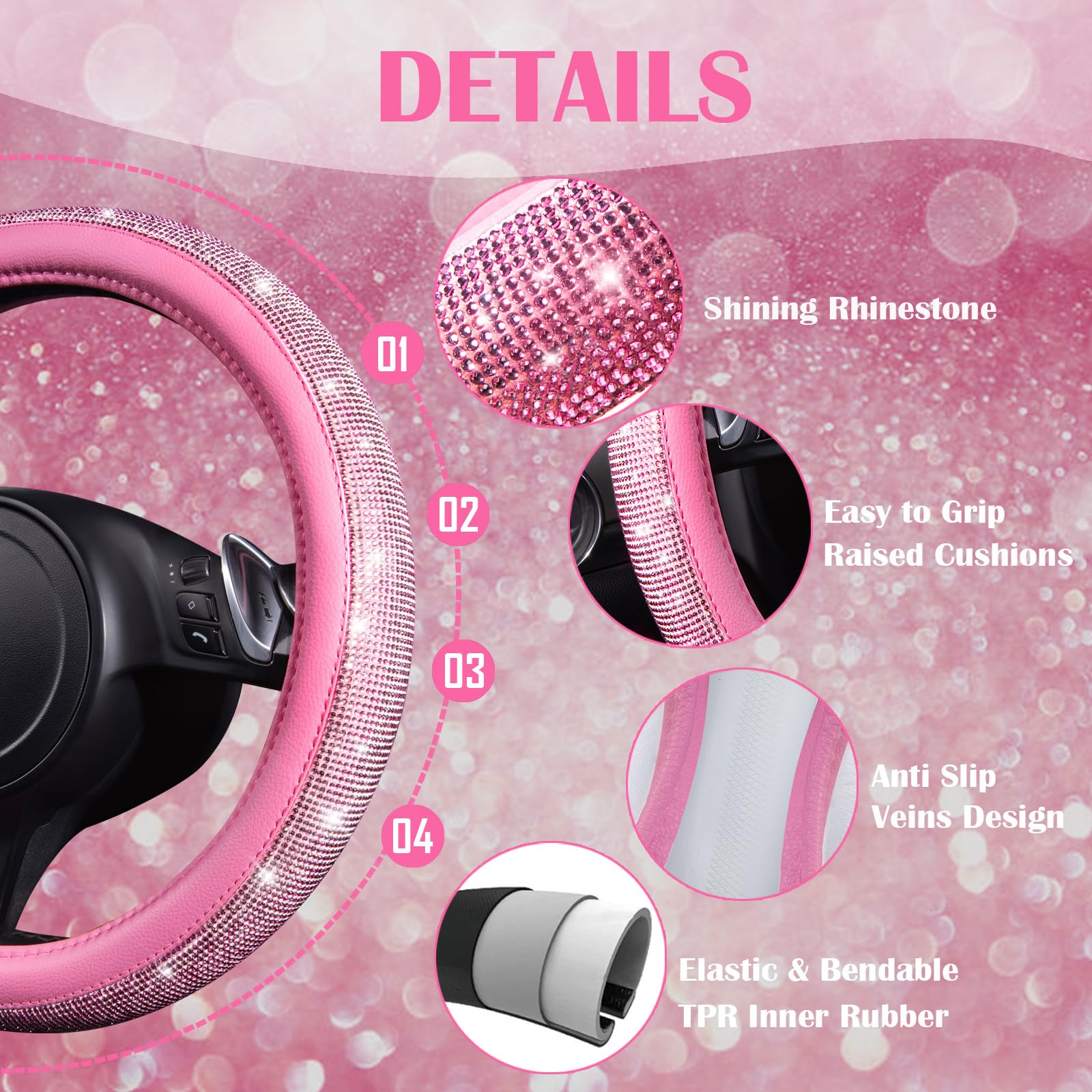 Car Pass Pink Bling Car Accessories Set For Women, Sparkly Rhinestone Diamond Steering Wheel Cover Set Seat Belt Cushion Glitter
