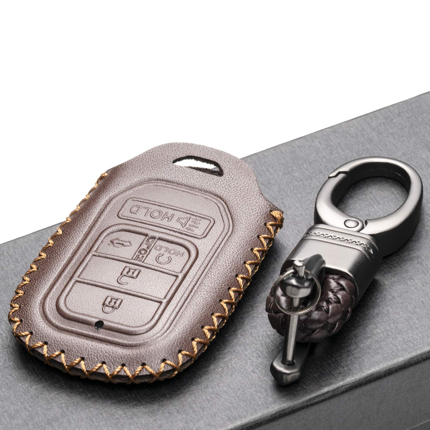 Vitodeco Genuine Leather Smart Key Keyless Remote Entry Fob Case Cover Compatible for Honda Civic, Fit, Accord, Pilot, CR-V (5 Buttons, Black/Red)