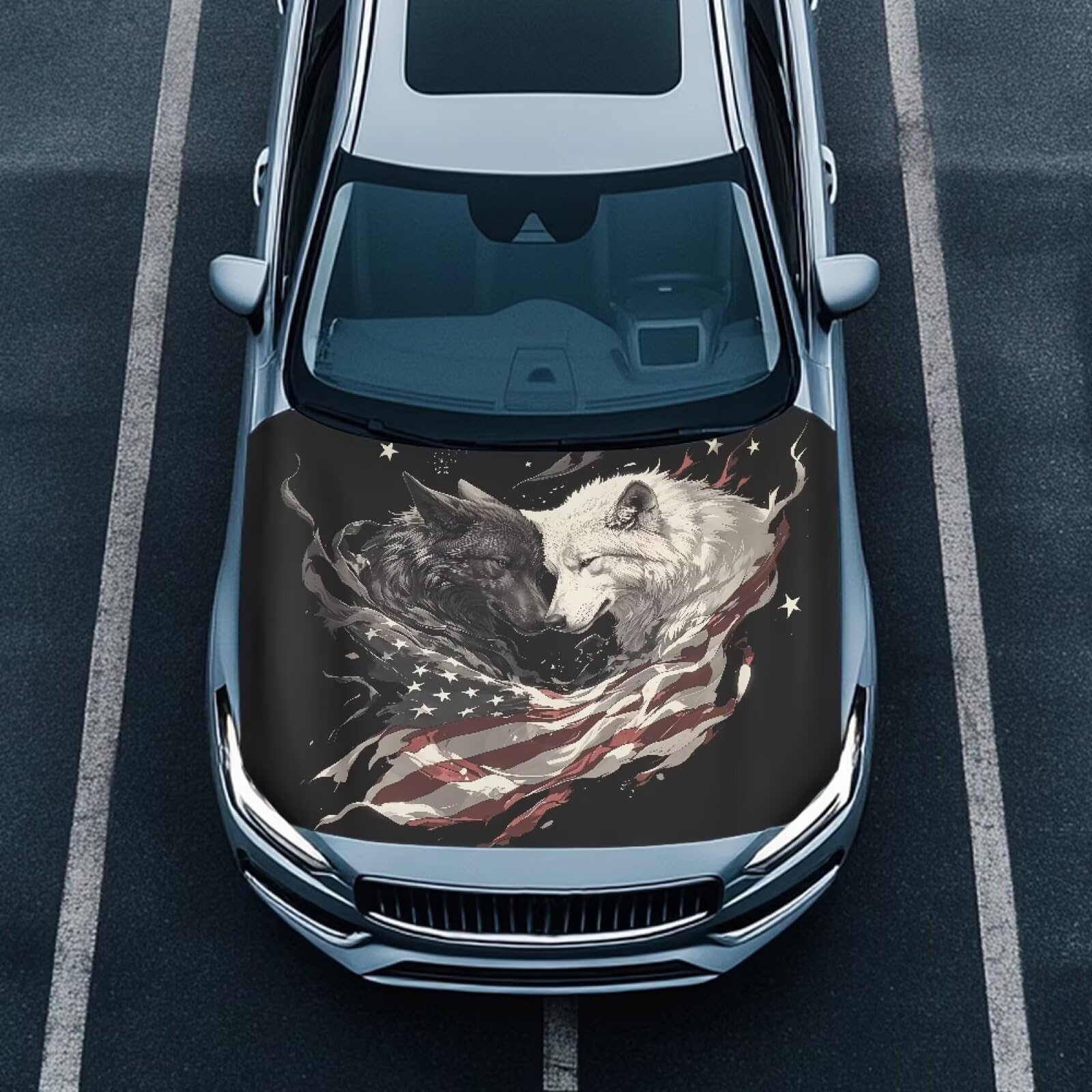 Cool Wolf American Flag Car Hood Cover Protector 59  39 Inch Auto Hood Wrap Blankets Stretchable Waterproof Sun Proof Auto Patri