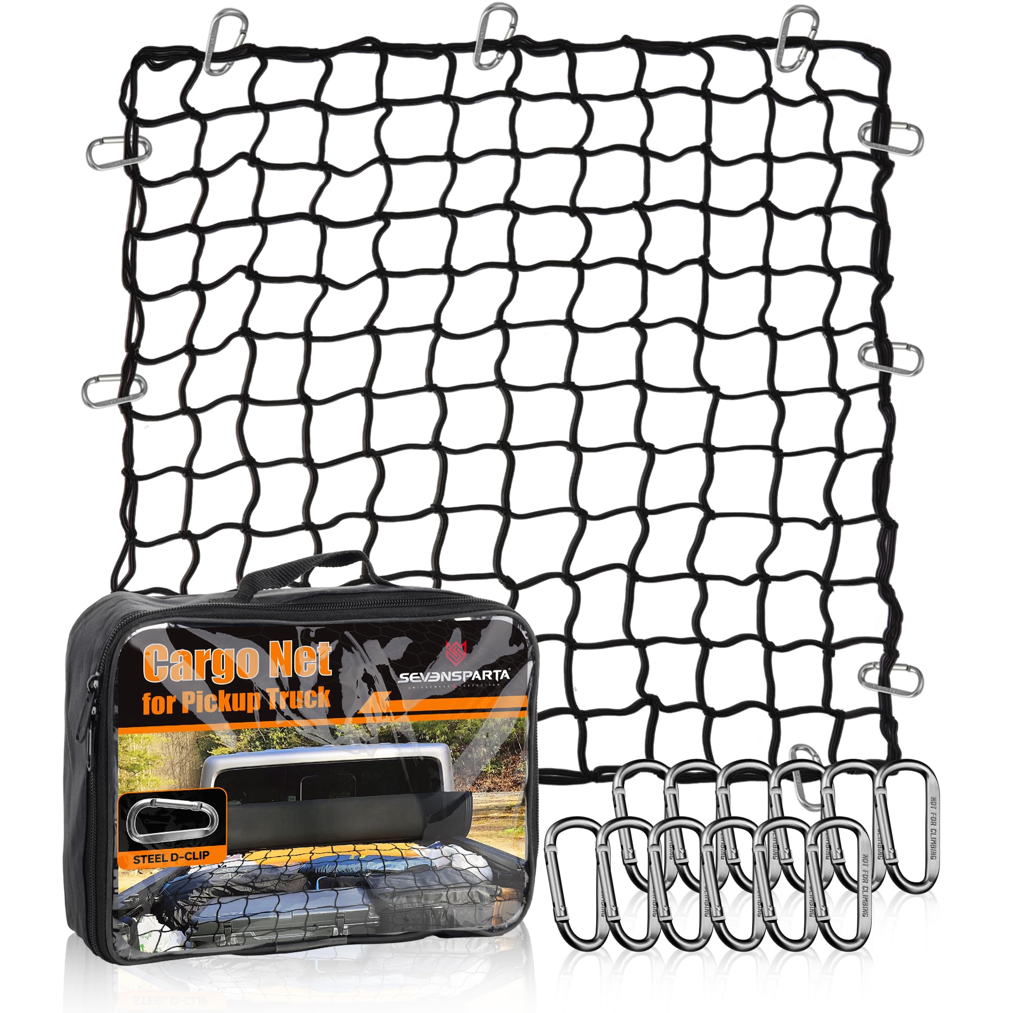 Seven Sparta 4 X 4 Bungee Cargo Net Stretches To 7' X 7' For Truck Bed, Pickup Bed, Trailer, Trunk, Suv With 12 Bonus D Clip Car