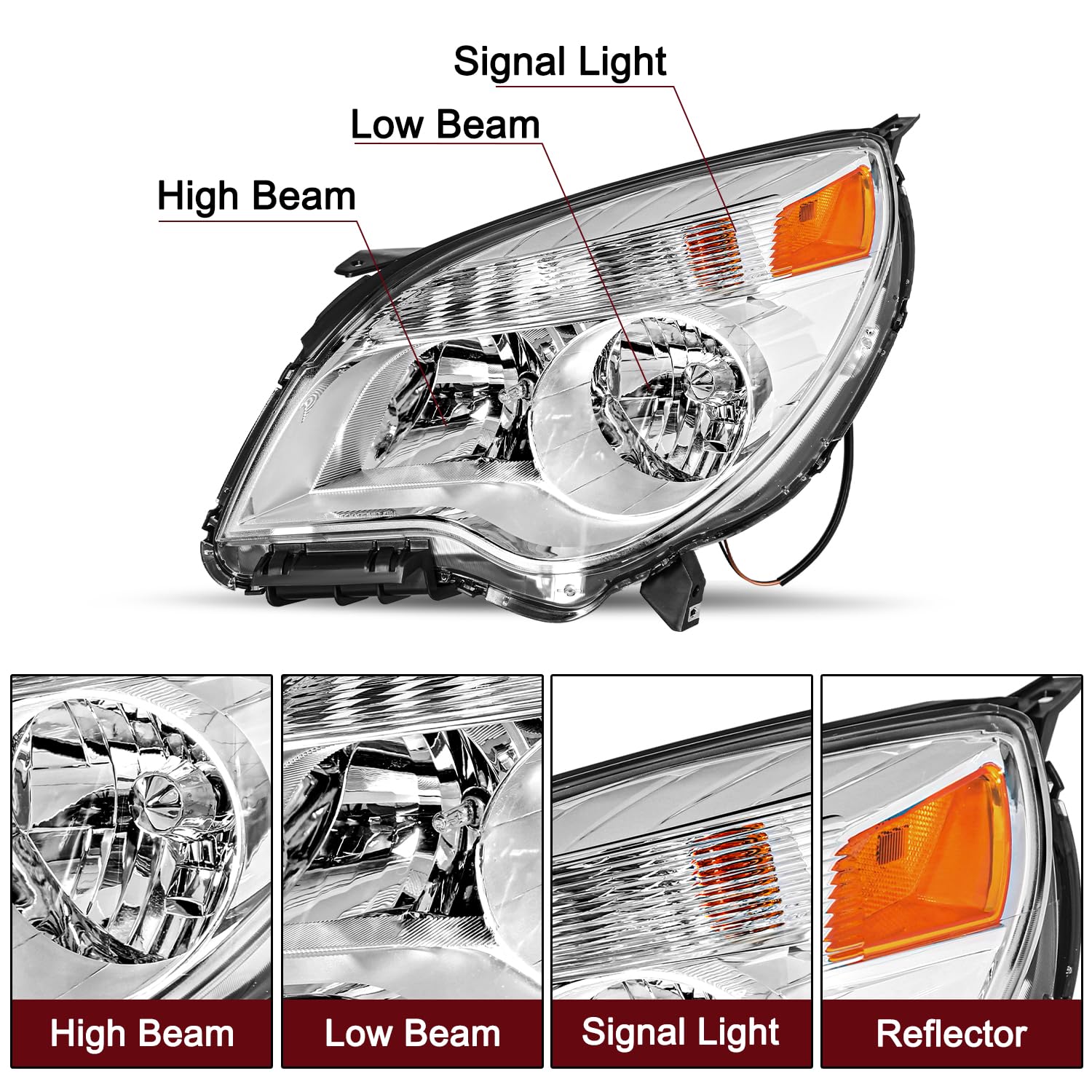 JSBOYAT Headlight Assembly [Halogen Type] w/Bulbs Compatible with 2010-2015 Chevy Equinox Passenger & Driver Side, Chrome Housin