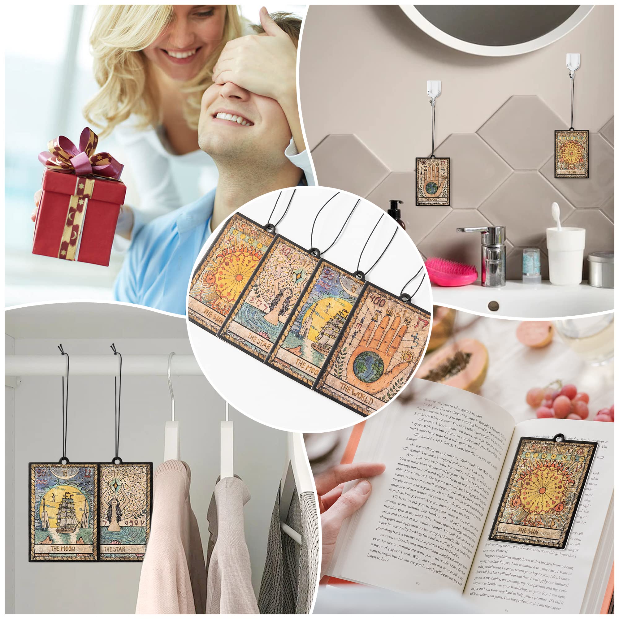 L1Rabe 4Pcs Vintage Tarot Car Air Fresheners, The Star World Sun Moon Hanging Air Freshener Fragrance Scented Cards Old Style Ta