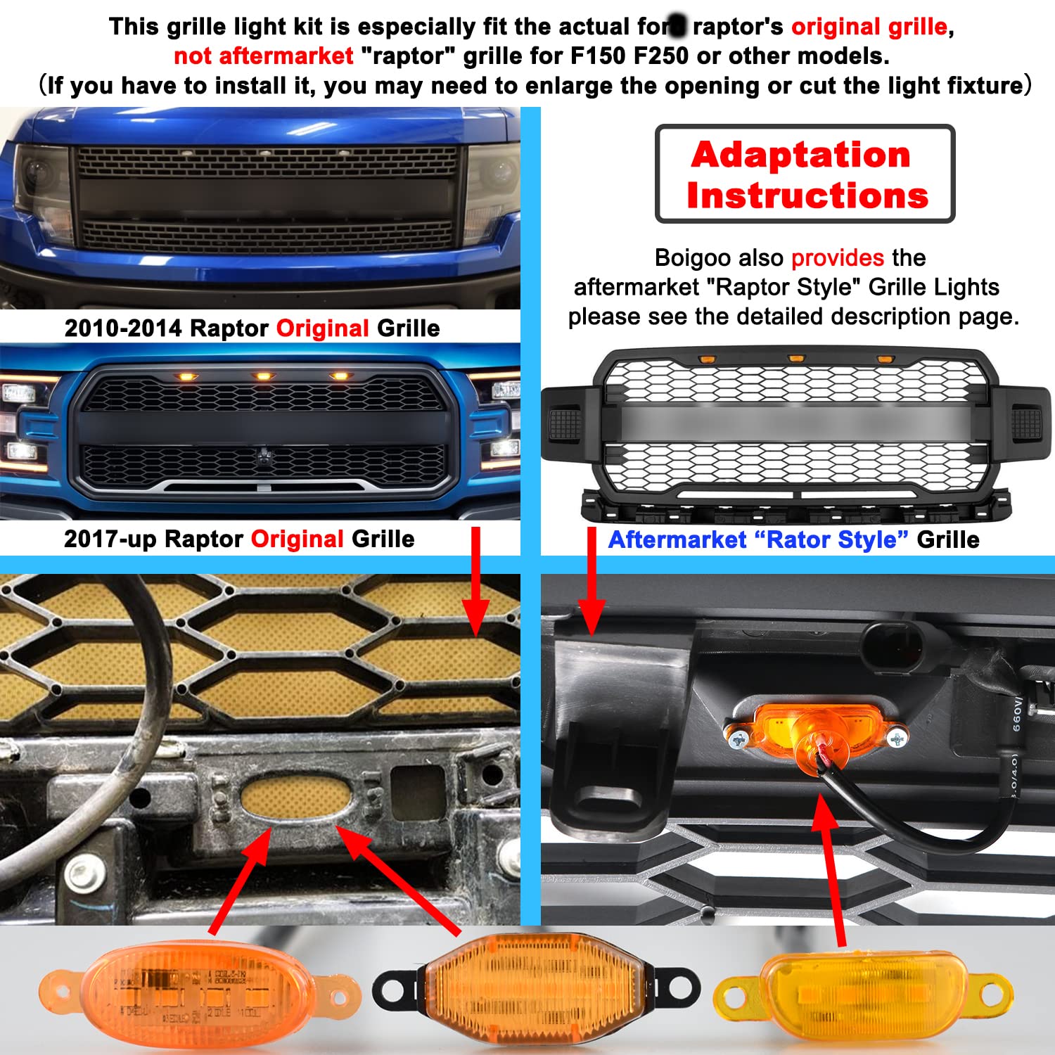 Boigoo Front Grill Lights Compatible For Ford Raptor F150 Grilles 2010-2014 & 2017-Up, Yellow Led Parking/Running Amber Light, N