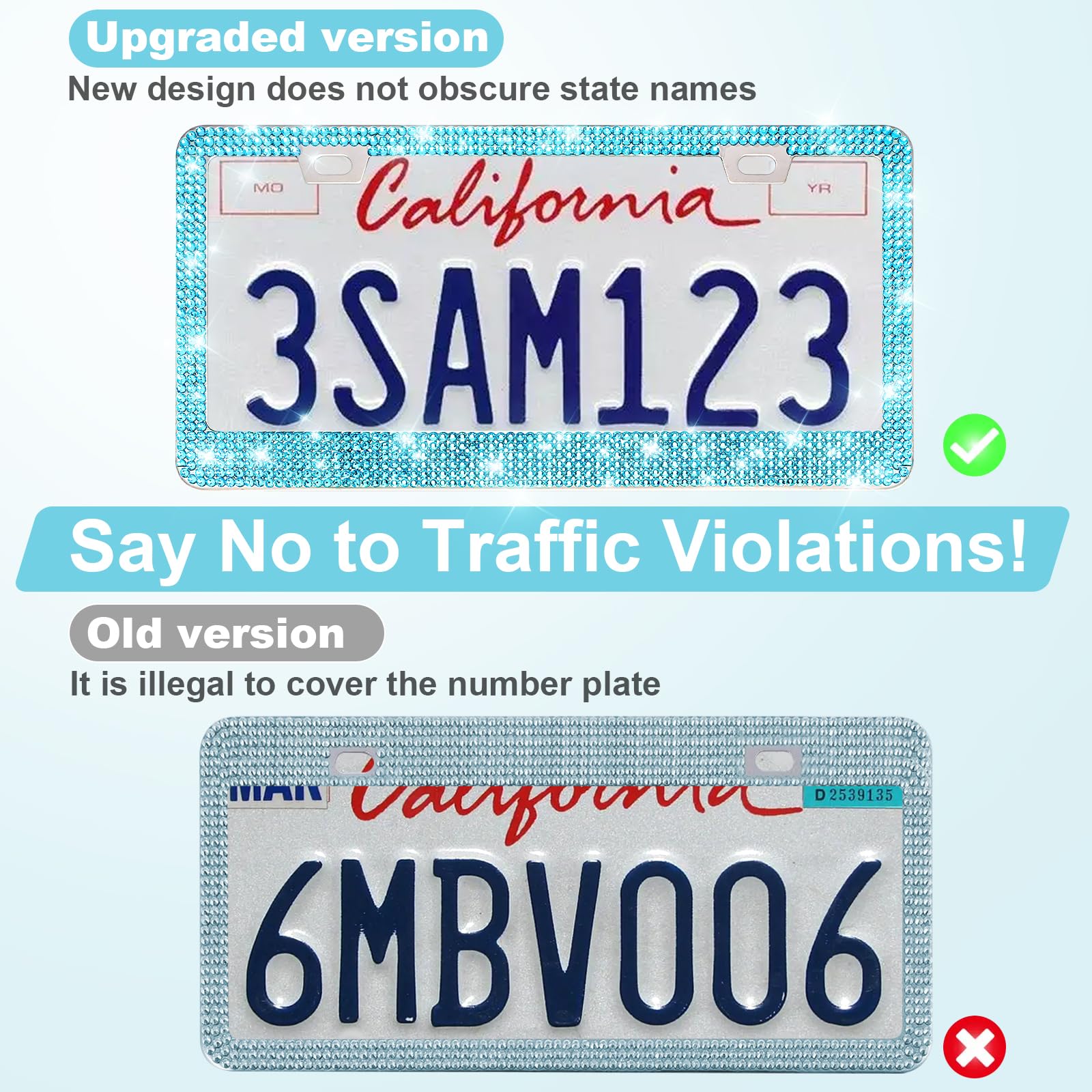 Quanqiufei 2 Pack Bling License Plate Frames For Women, Sparkly Rhinestone Diamond Car Accessories With Glitter Crystal Caps (La