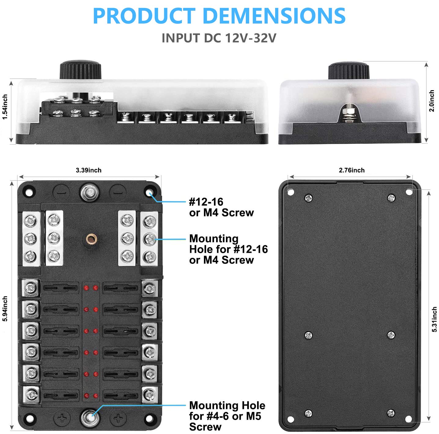 12 Way 12V Fuse Box 12Volt Blade Fuse Block Holder, 12 Circuit W/Negative Bus Waterproof Fuse Box With Led Indicator For 12V/24V