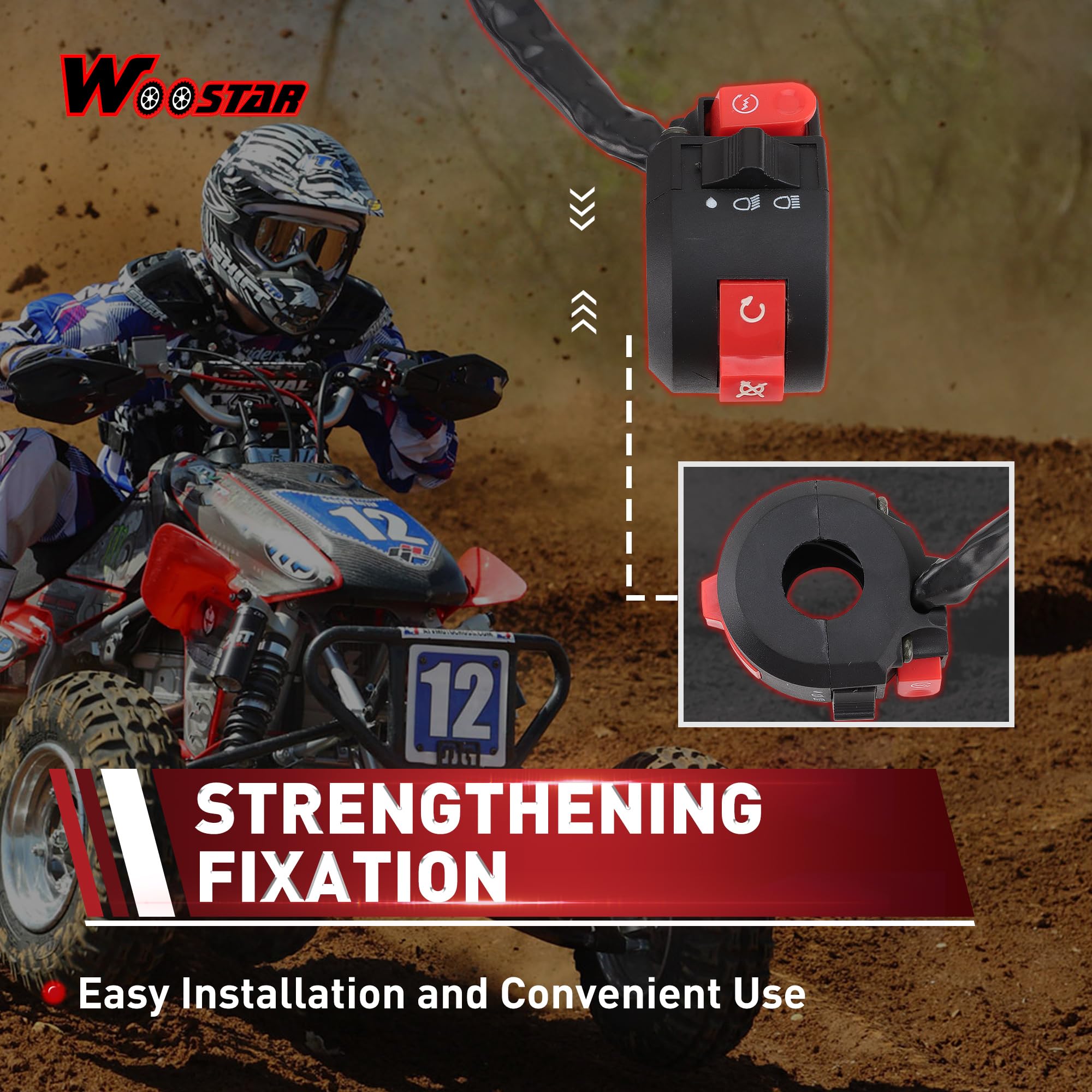 WOOSTAR 7/8'' 22mm Handlebar 3 Function Right Start Switch Replacement for 50cc 70cc 90cc 110cc 125cc ATV Quad Pit Bike Buggy Go