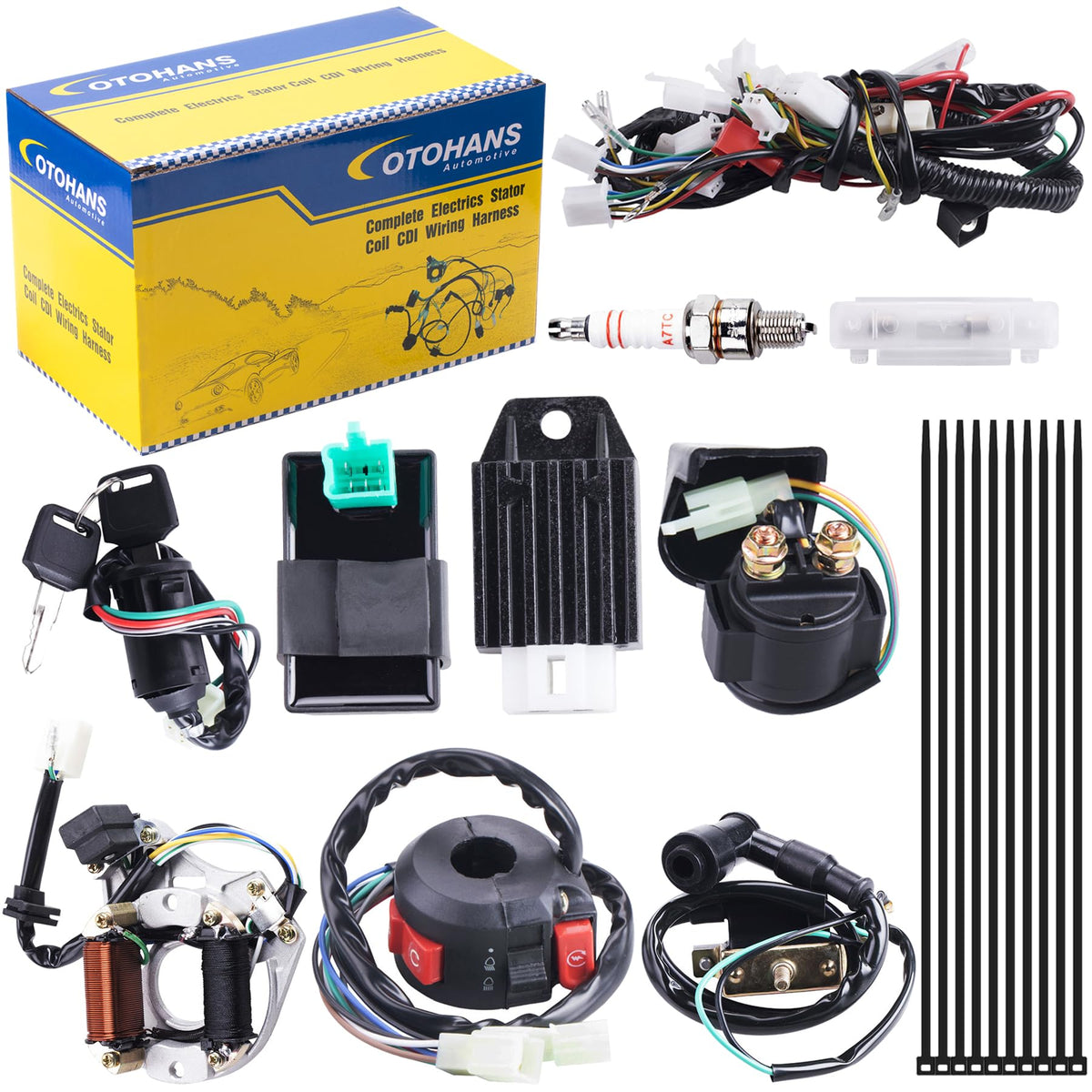 Complete Electrics Wiring Harness Relay Stator Coil CDI Solenoid Spark Plug for 4 Wheelers Stroke ATV (50cc 70cc 110cc 125cc) Pi