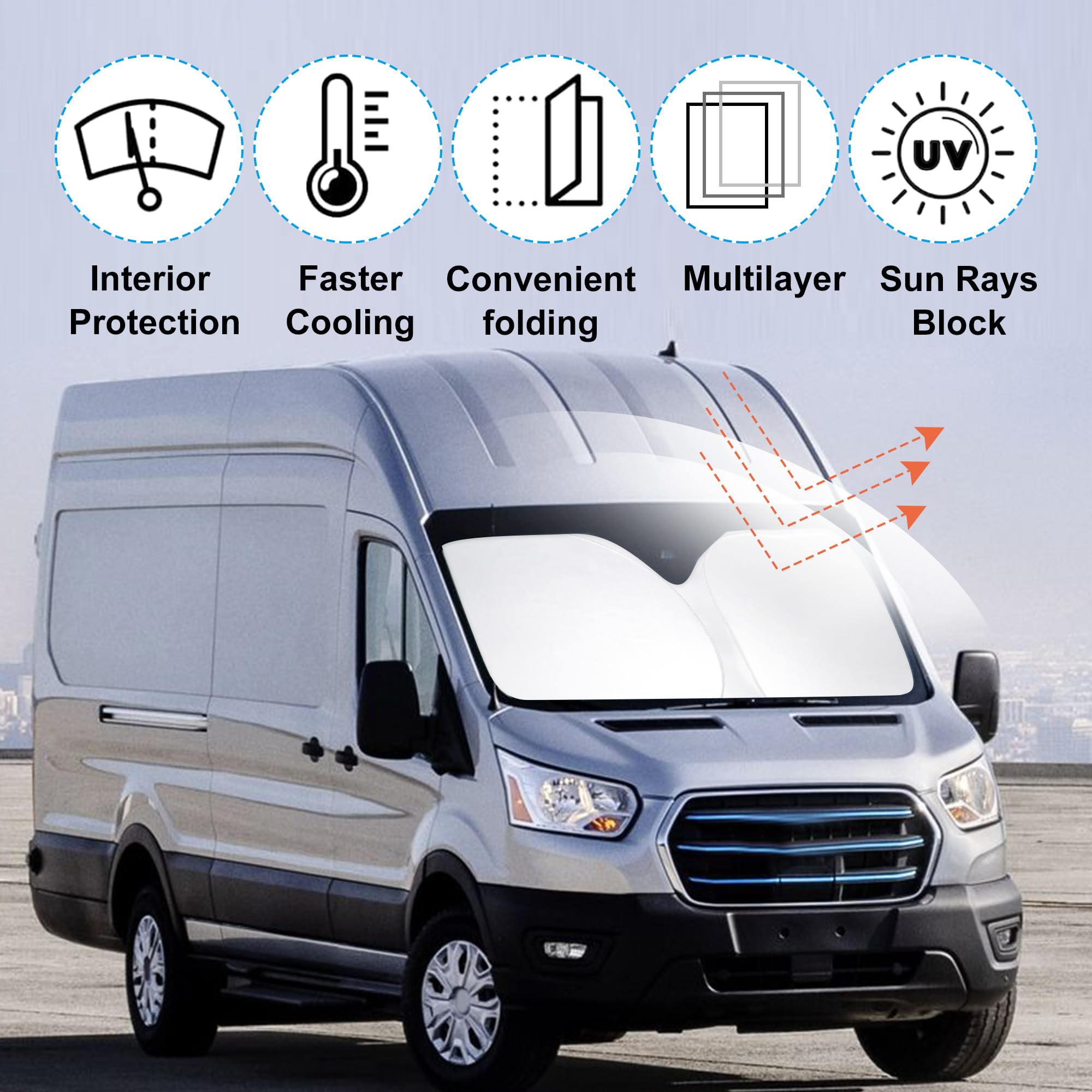 Yycke Windshield Sun Shade Accessories Compatible With 2022 2023 2024 2025 E-Transit For Ford Foldable Sunshade Sun Visor Blocks