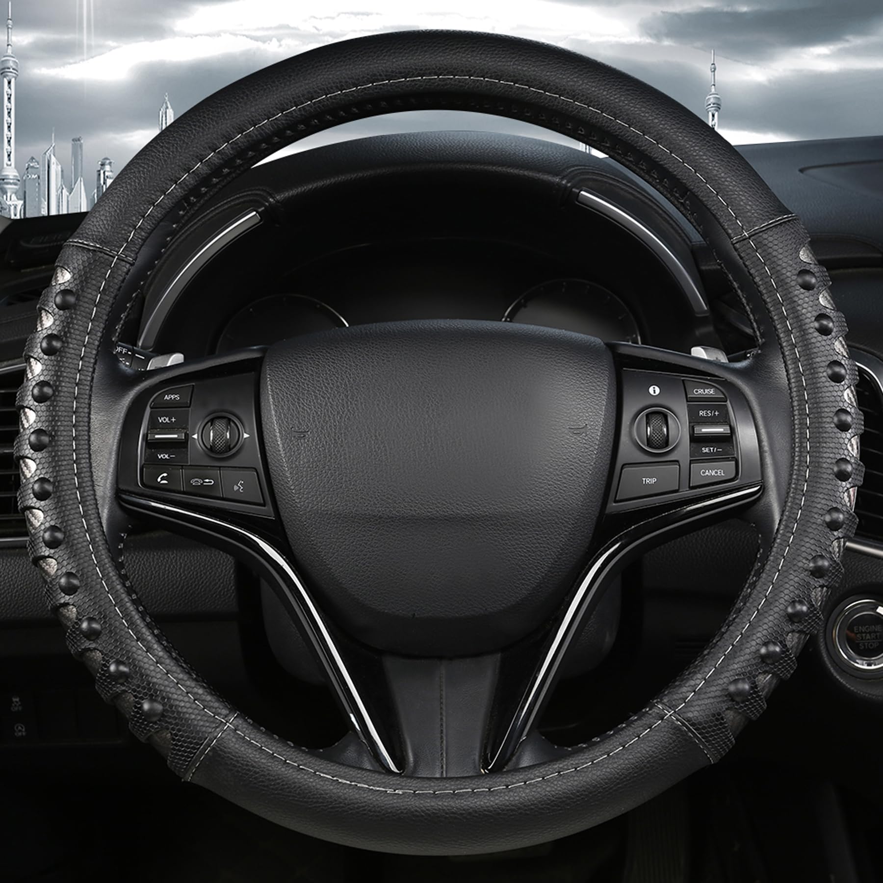 West Llama Microfiber Leather Car Steering Wheel Cover For Men Women,Universal Fit 15.5-16 Inch(Leather Nails-Gray+Black-Large S