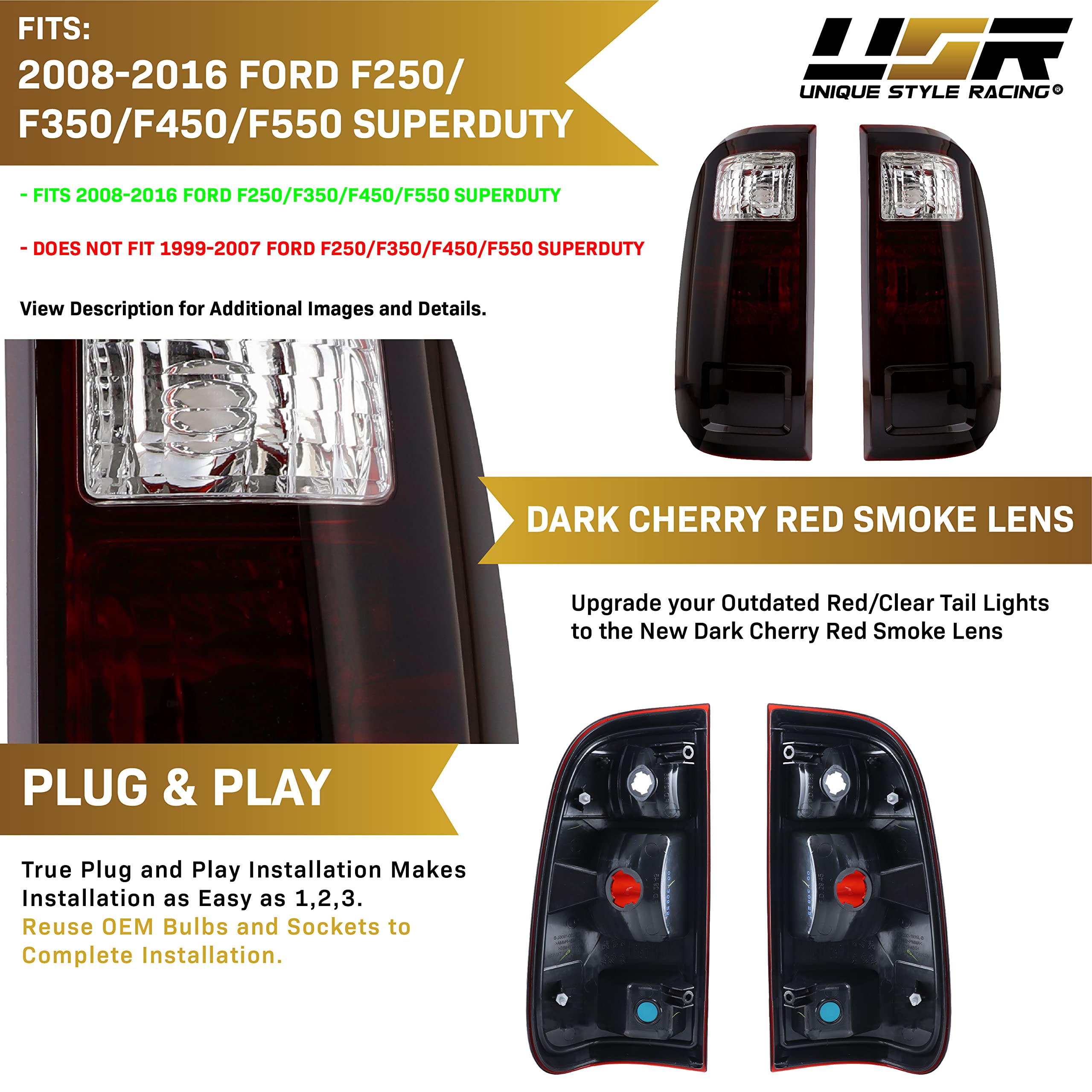 USR DEPO 08-16 Super Duty Dark Cherry Red Smoke Rear Tail Lights (Left + Right) Compatible with 2008-2016 Ford Super Duty F250 F