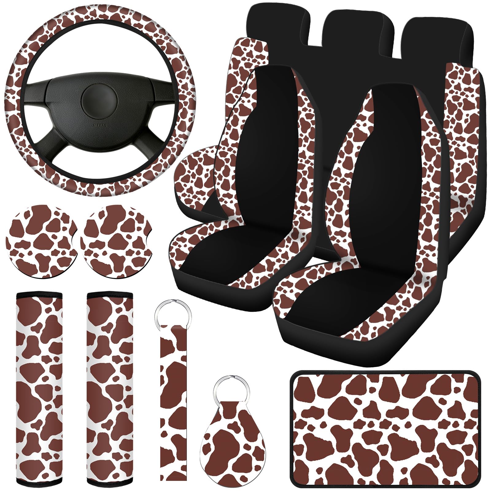 Frienda 13 Pcs Cow Print Car Seat Cover Full Set for Women Men Print Car Accessories Rubber Steering Wheel Armrest Pad Cover Sea