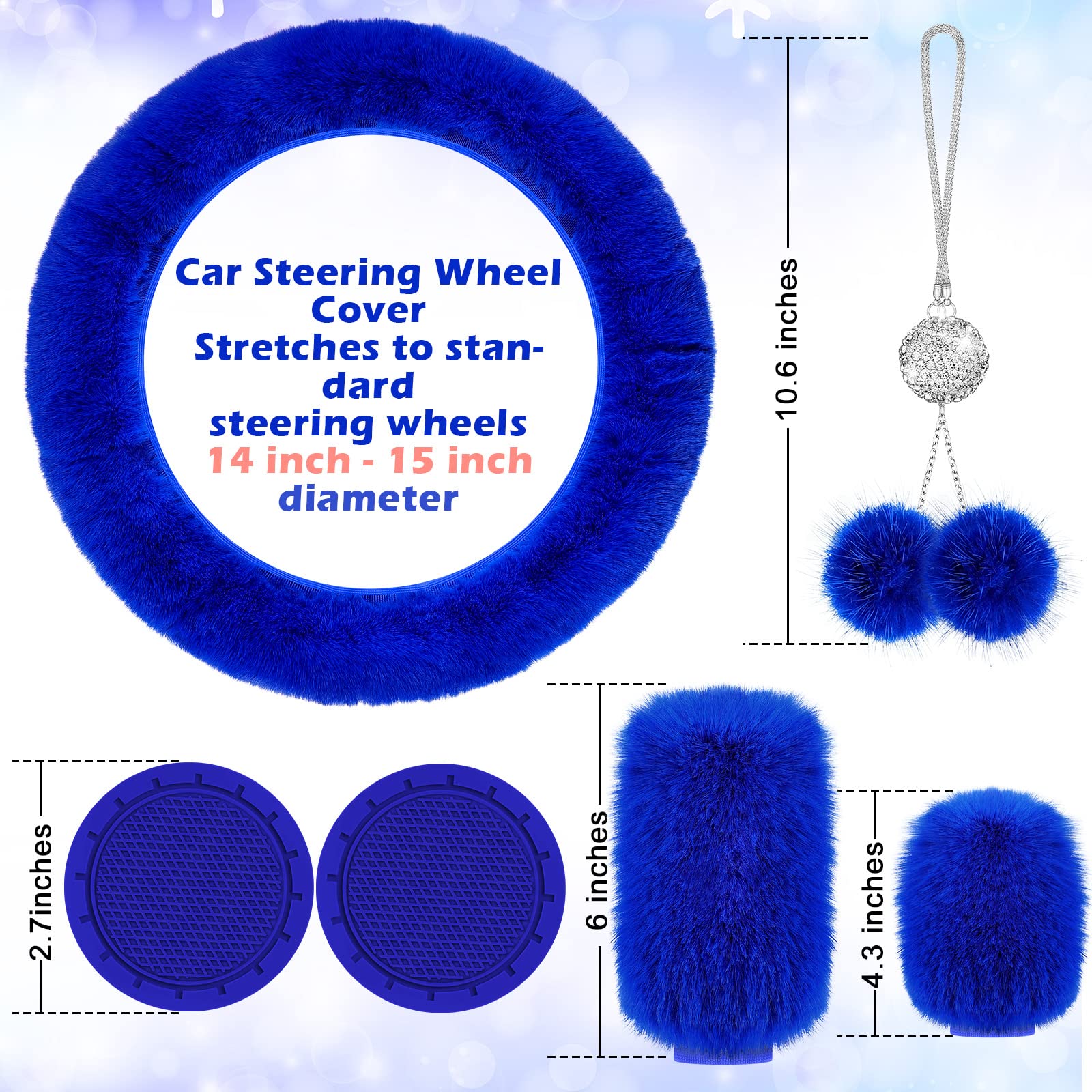 Frienda 6 Pieces Fluffy Car Accessories Set Bling Fluffy Steering Wheel Cover Soft Fuzz Handbrake Gear Shift Cover Bling Mirror