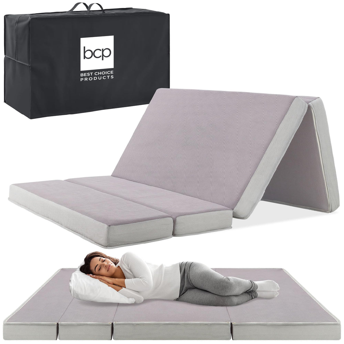 Best Choice Products 4In Portable Twin-Size Mattress, Tri-Fold Mattress For Camping, Guest, Toddler, Foam Plush W/Carry Case - Grey