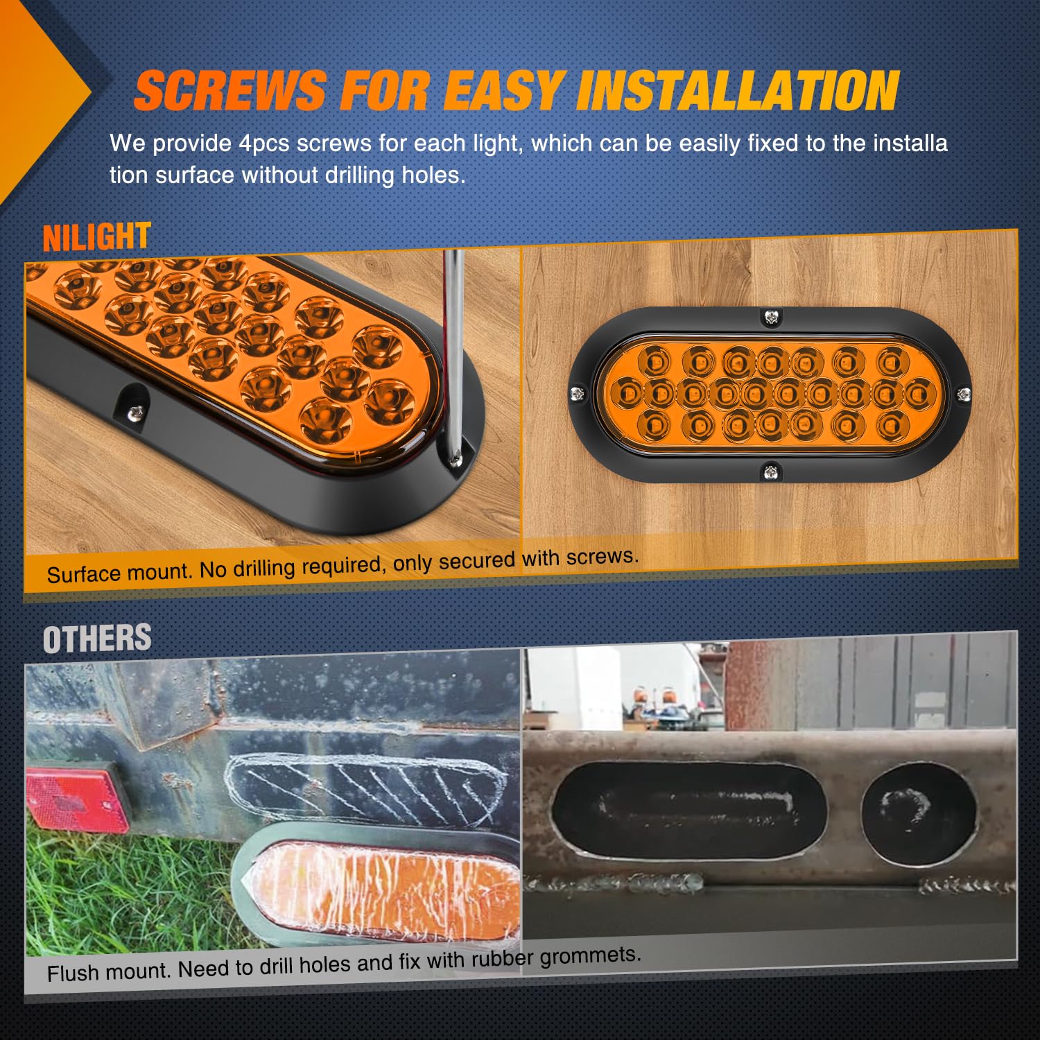 Nilight 6Inch Oval Tail Light 2Pcs Amber 24Led Turn Signal Lights Surface Mount Sealed Ip67 Waterproof For 12V Caravan Truck Rv