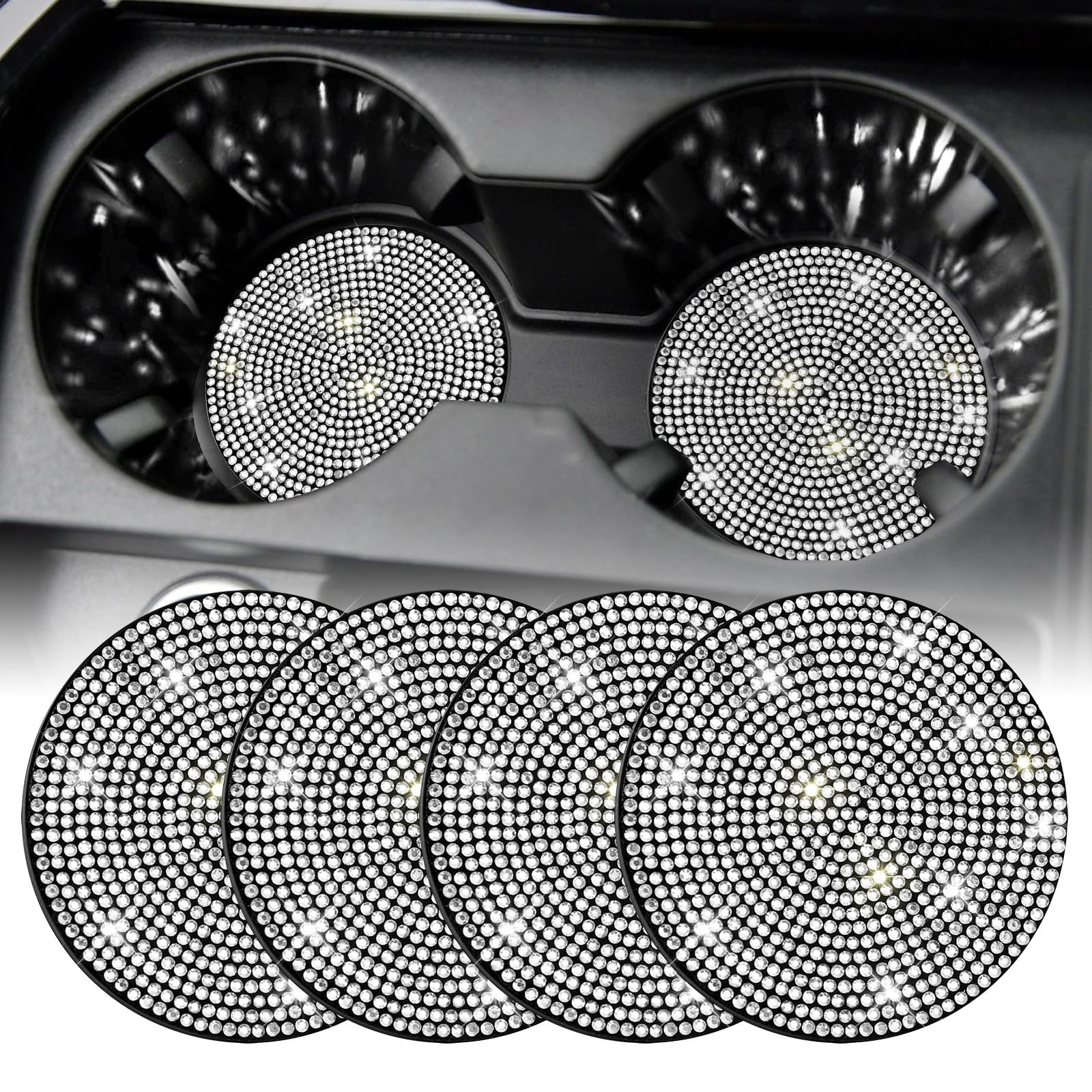 Singaro Bling Cup Holder Coasters For Car, 4Pcs Universal Non-Slip Cup Holder, Embedded Decorative Coasters, Shiny Crystal Car I