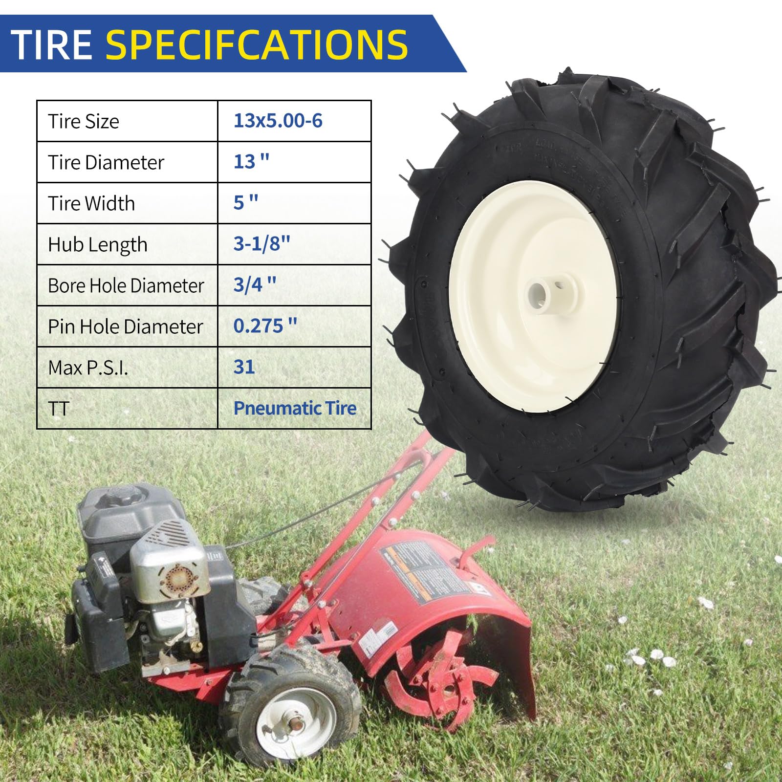 Gicool 13X5.00-6'' Tiller Tire And Wheel, ?3/4'' Axle Size?, 3-1/8'' Centered Hub, Compatible With Craftsman & Troy-Bilt Tiller