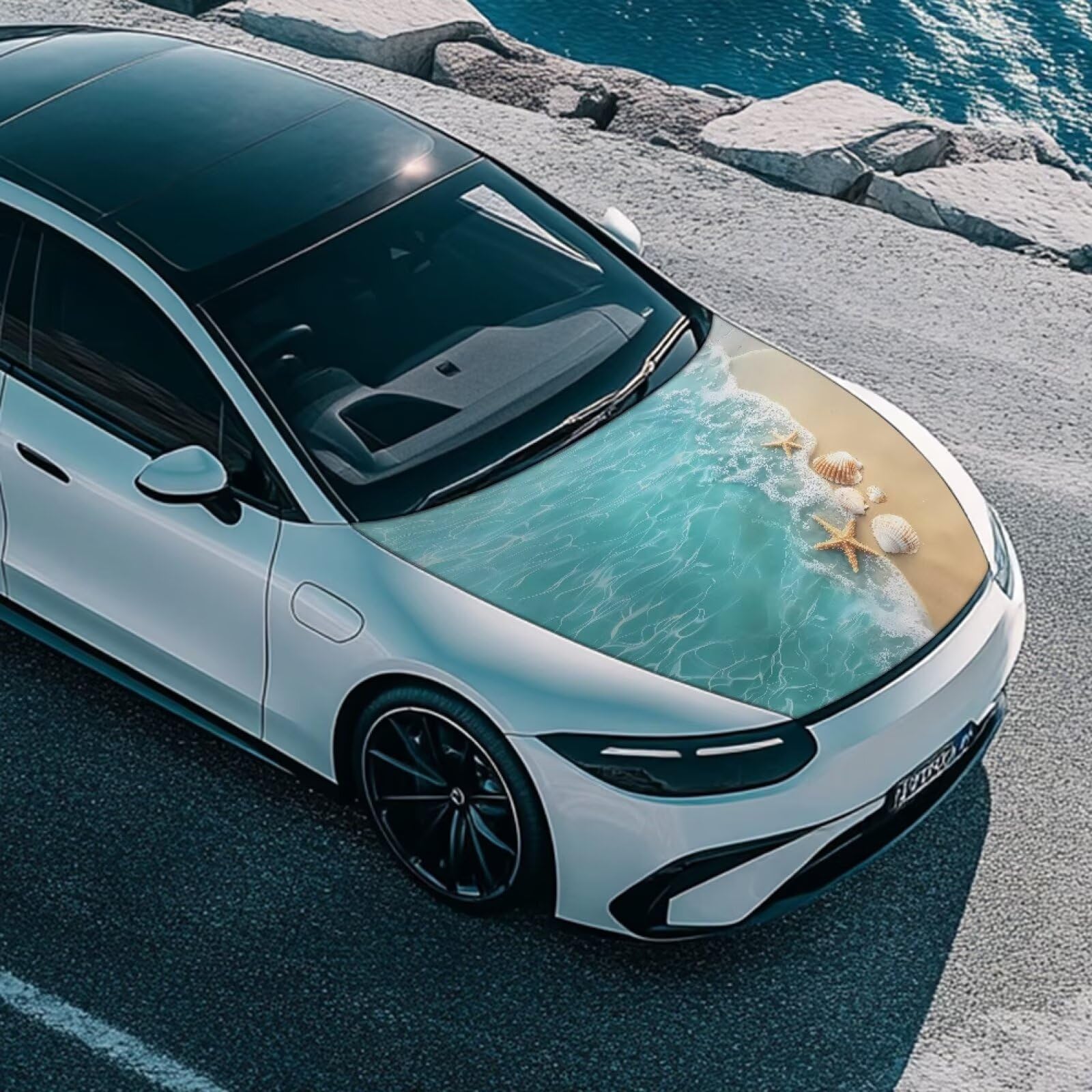 Qiyupavto Beach Starfish Shells Hood Cover for Car SUV Sedan Truck, Waterproof Elastic Polyester Car Hood Protector, Automotive