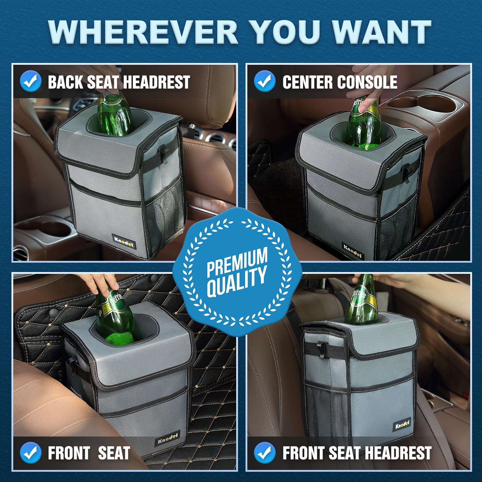 Knodel Car Trash Can, Waterproof Car Garbage Can, Car Trash Bag With Lid, Leak-Proof Car Trash Bin, Car Trash Hanging (Large, Gr