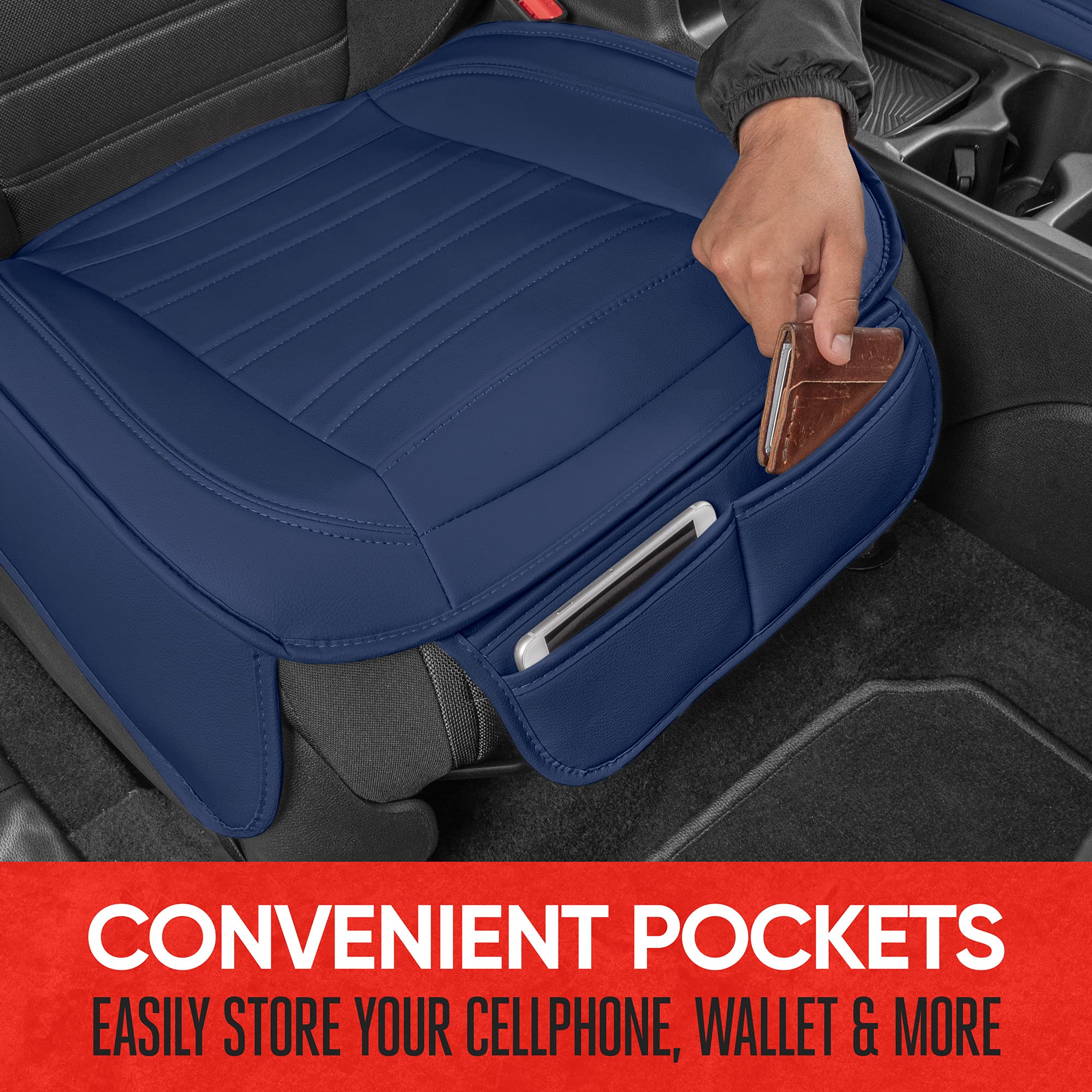 Motor Trend Seat Covers For Cars Trucks Suv, Faux Leather 2-Pack Blue Padded Car Seat Covers With Storage Pockets, Premium Inter