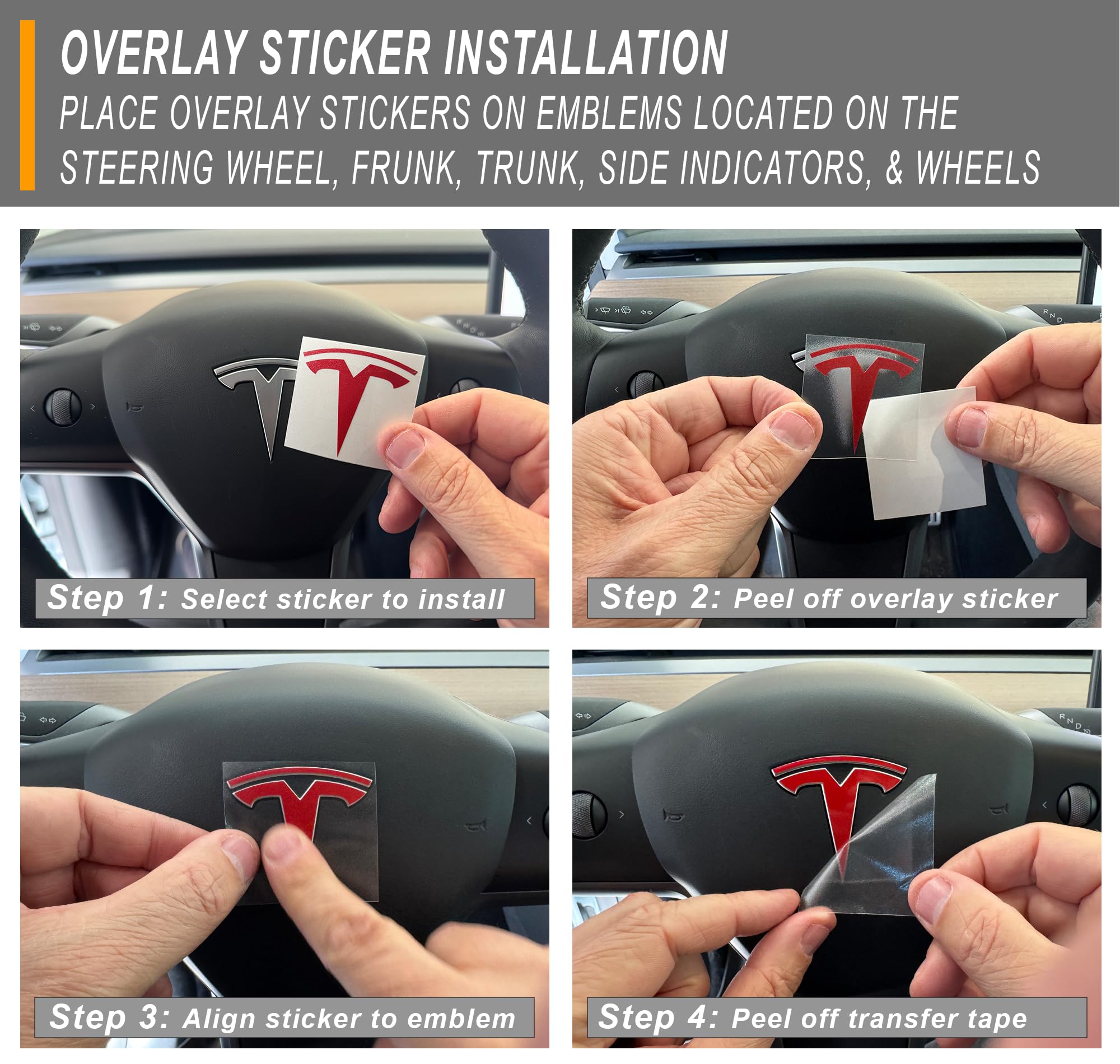 Logo Decal Overlay Stickers For Tesla Model 3 (2017 To 2023), Standard Wrap, 11-Pc Set (Gloss Gold)