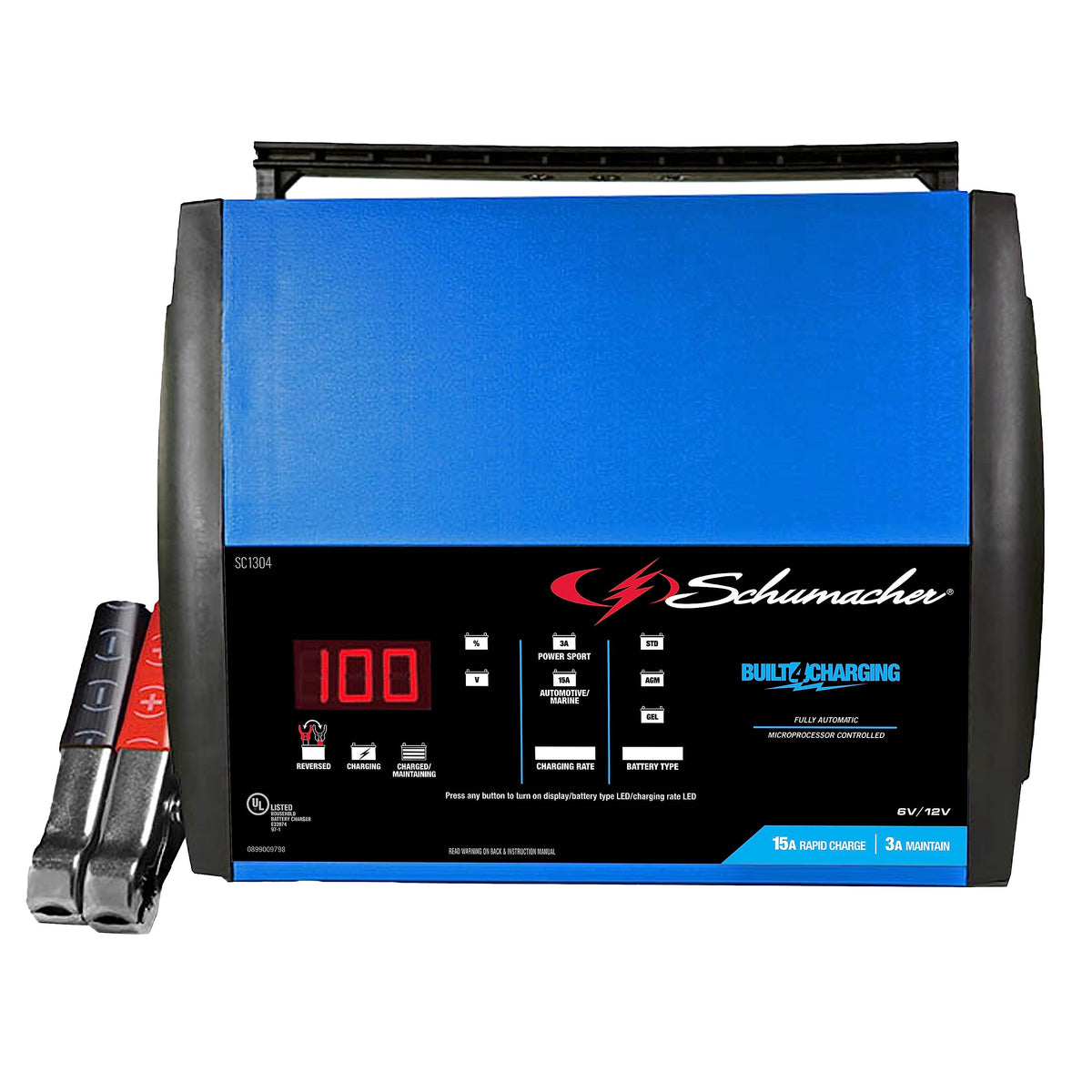 Schumacher Electric 2-in-1 Rapid Battery Charger and Maintainer, SC1304 - Fully Automatic, 15 Amps, 12 Volt and 6 Volt, for Moto