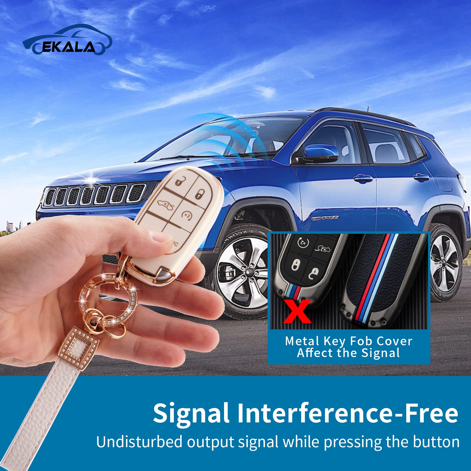 EKALA for Key Fob Cover with Leather Key Fob Keychain, 5 Buttons Soft TPU Keys Shells White Key Fob Cover Compatible with Grand