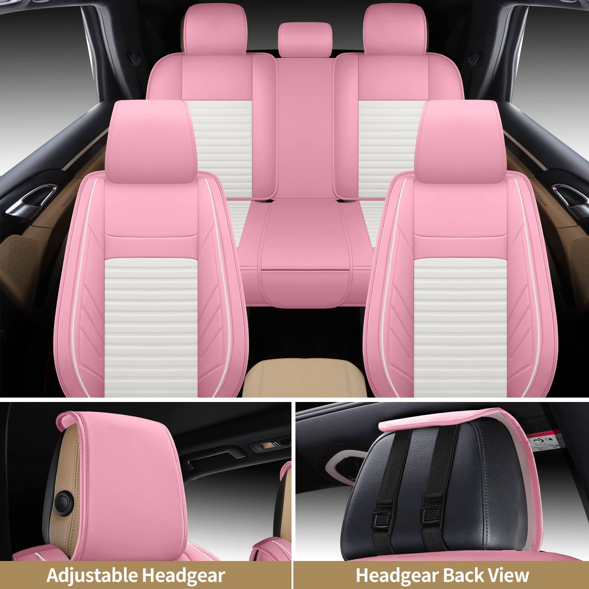 Aoog Pink Leather Car Seat Covers, Leatherette Automotive Seat Cover For Cars Suv Pick-Up Truck, Universal Non-Slip Car Seat Cov