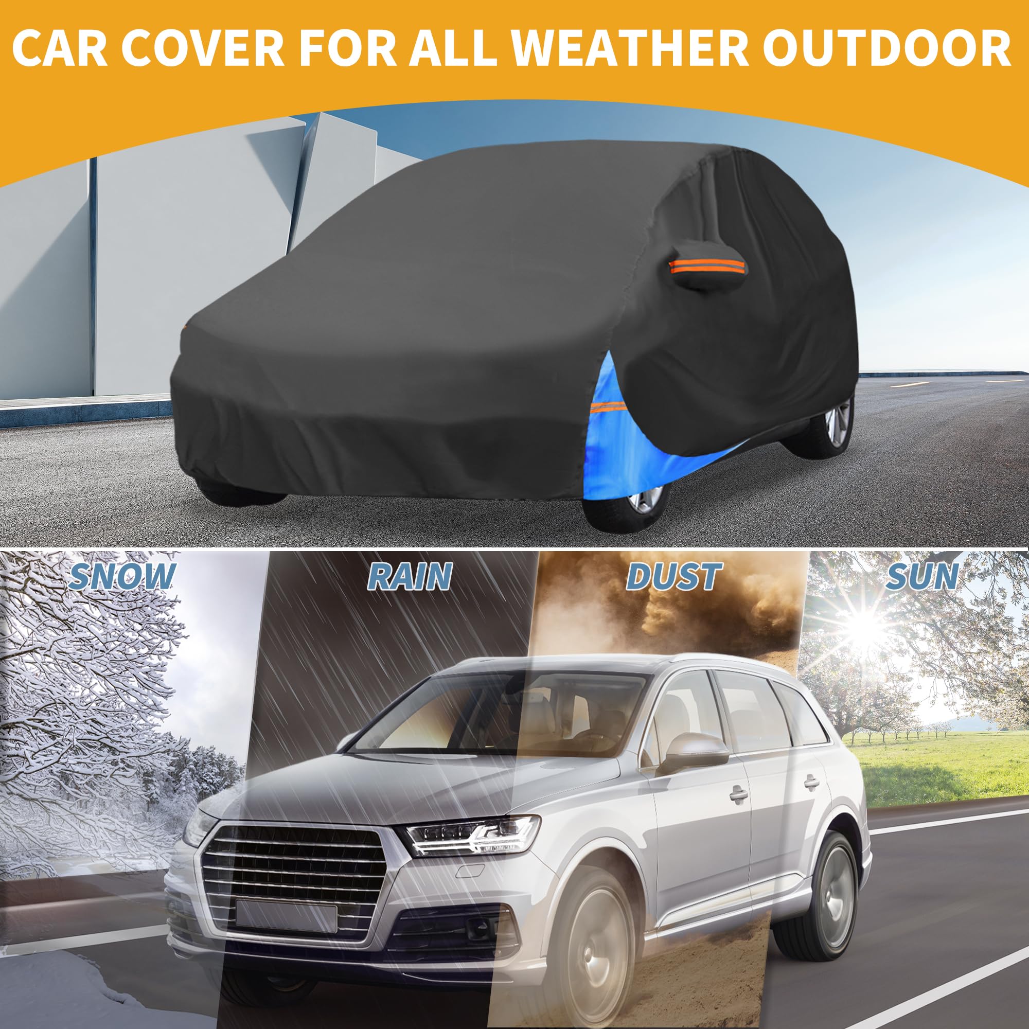 Partuto Waterproof All-Weather Universal Car Cover with Right Side Zipper, 210D-PU Black Blue Fits for Hatchback 163'' to 177''