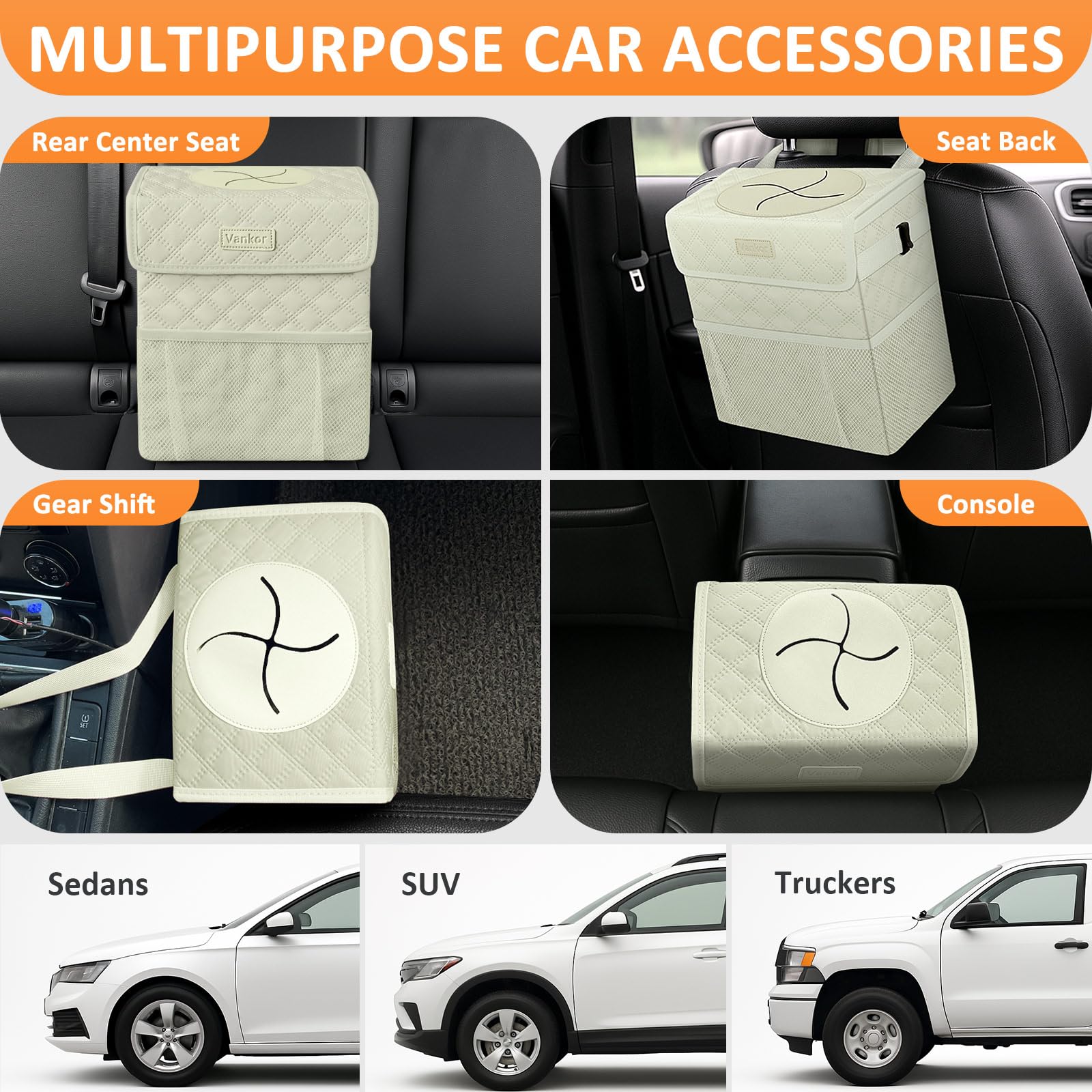 Vankor White Car Trash Can Cute, White Car Accessories For Women Waterproof Automotive Garbage Cans Leak Proof Vehicle Trash Can