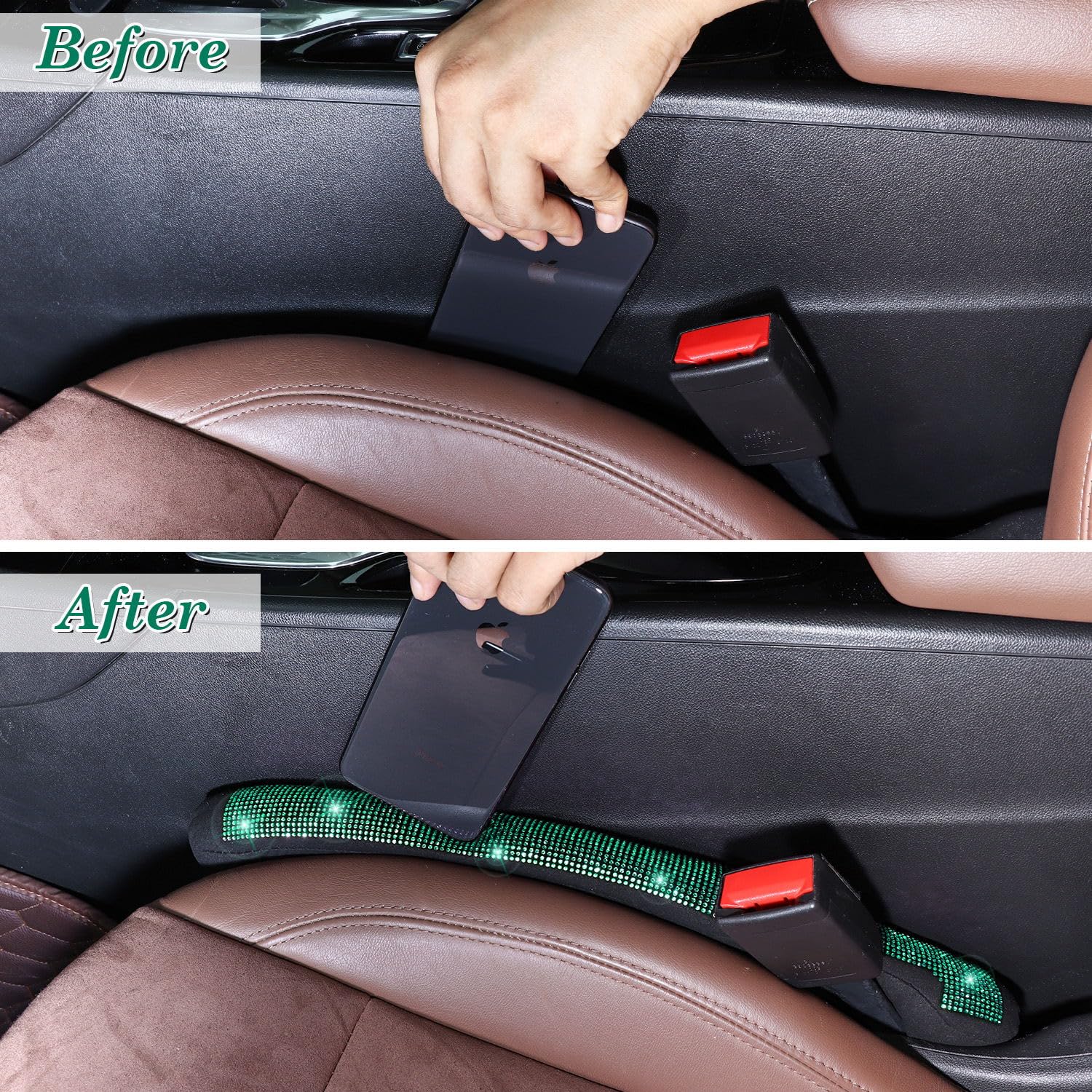 Tobequeen Green Car Seat Gap Filler, Universal Fit For Car Suv Truck, Handmade Crystal Diamond Rhinestone Green Bling Car Access