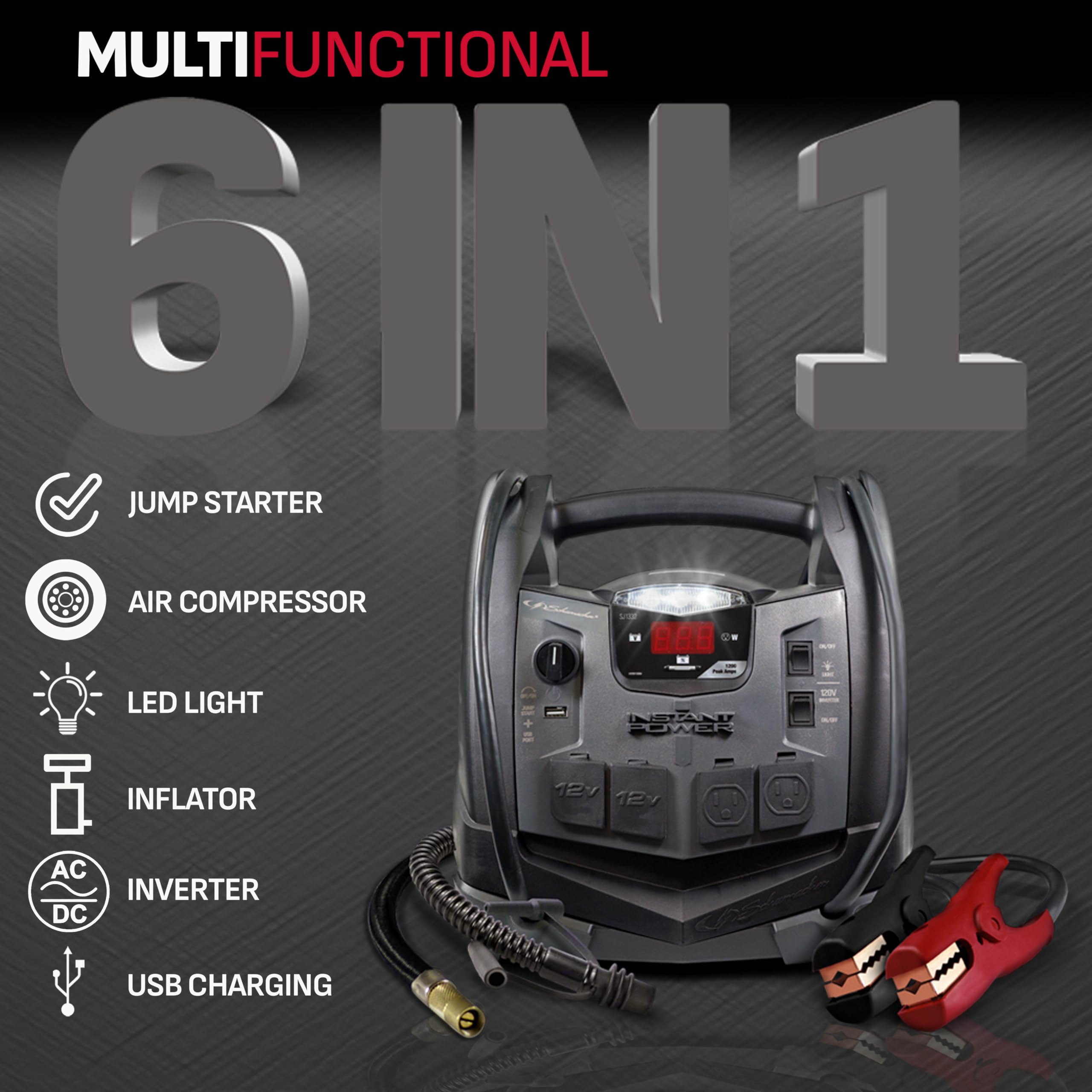 Schumacher Electric Sj1332 6-In-1 Portable Power Station And Jump Starter With 150-Psi Air Compressor And 200 Continuous/400 Peak Watt Power Inverter, 1200 Peak Amps, 12 Volts, Black, 1 Unit