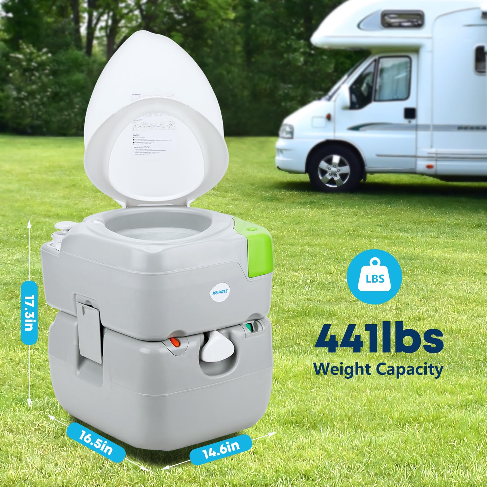 Kohree 5.8 Gal Camping Toilet: Portable Toilet for Adults with Diagonal Elongated Bowl Seat, Large Waste Tank, Leak-Proof Casset