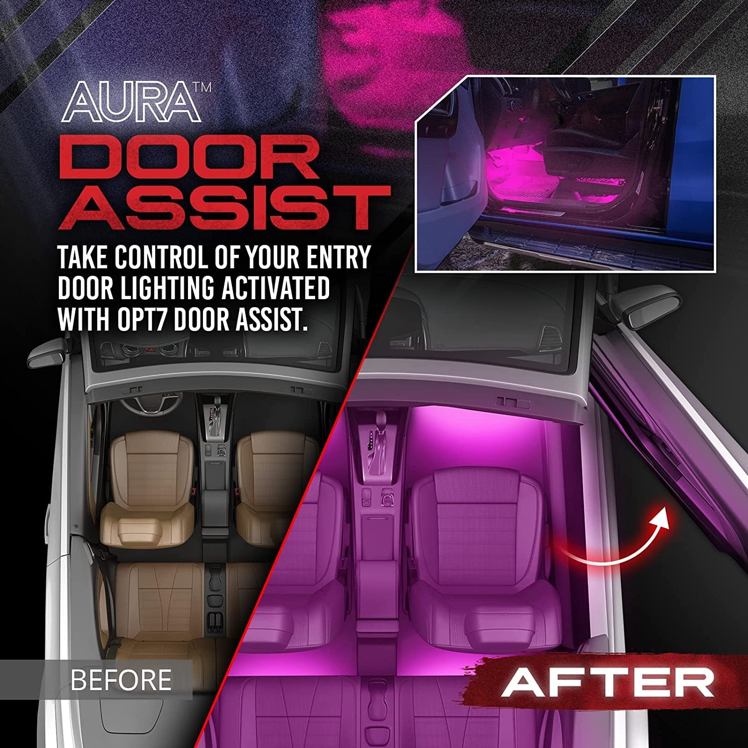 OPT7 Aura LED Strip Kit - 4pc Double Row, Smart Color, Soundsync, RGB, Door Assist, AURA-INTERIOR Model
