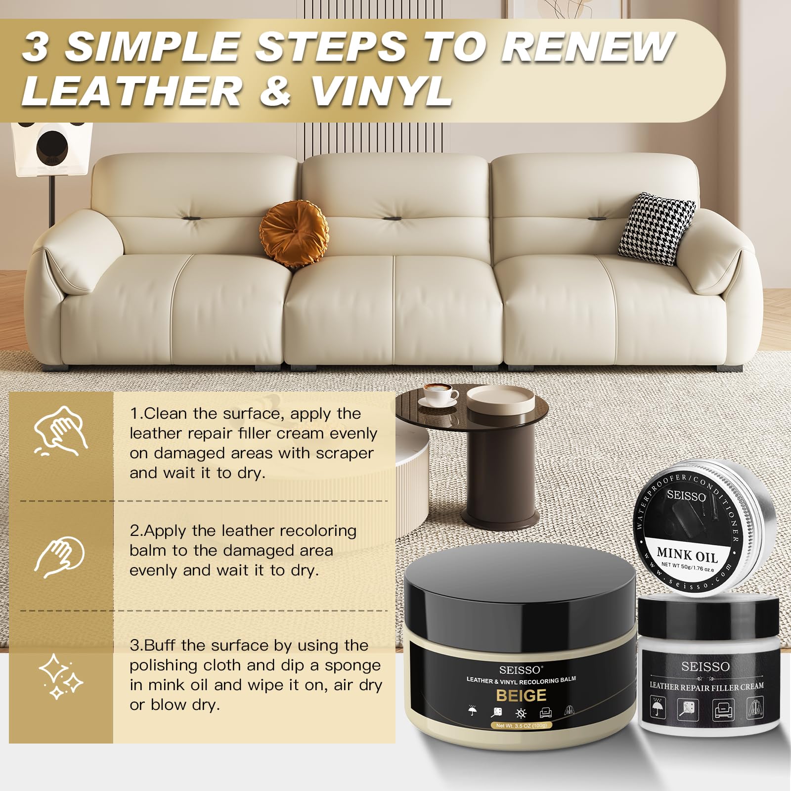 SEISSO Leather Repair Kit for Furniture, Beige Vinyl Repair Kit with Mink Oil for Couches, Color Restorer Conditioner, Leather R