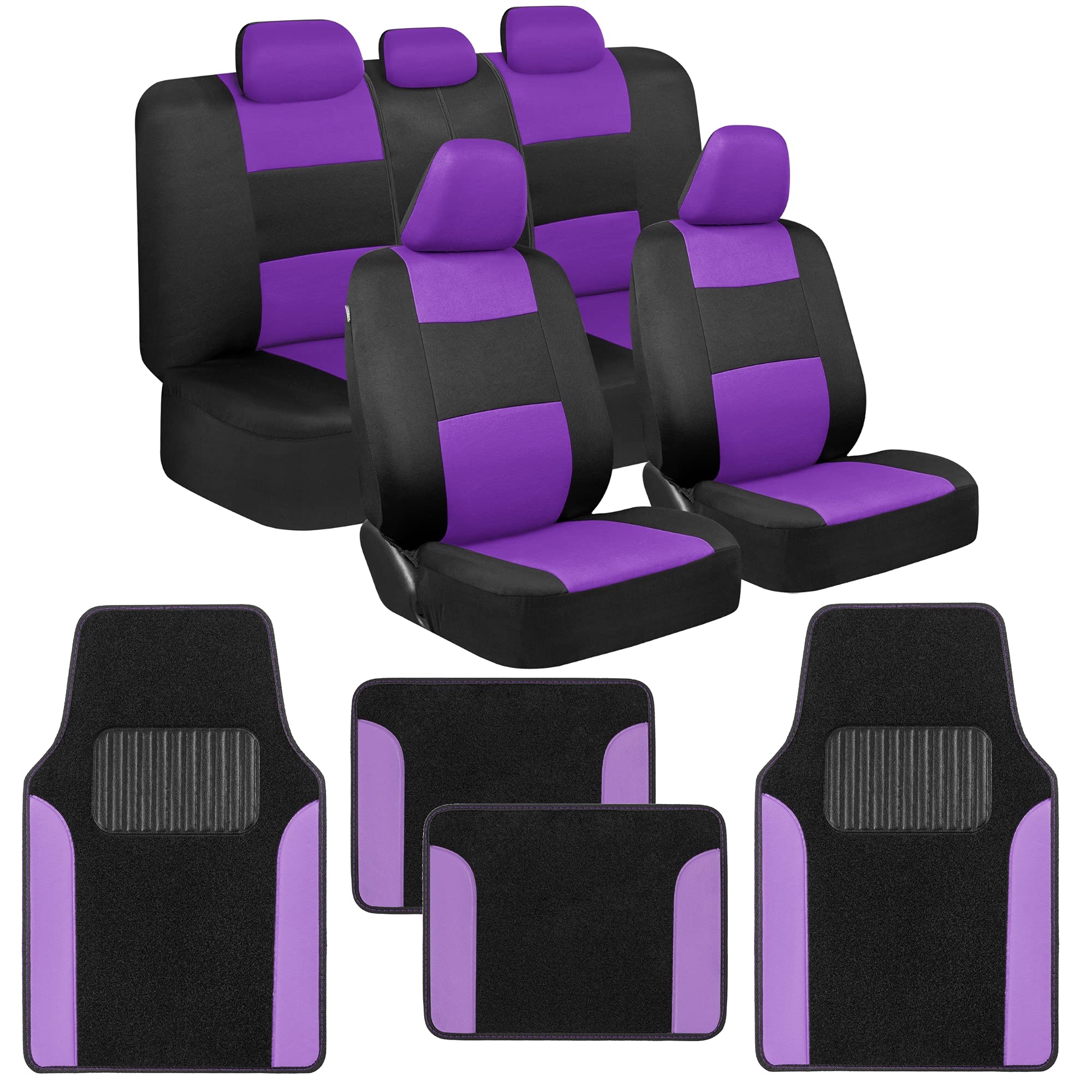Bdk Polypro Purple Car Seat Covers Full Set With 4-Piece Car Floor Mats - Two-Tone Fits Most Seat Covers For Cars With Carpet Fl