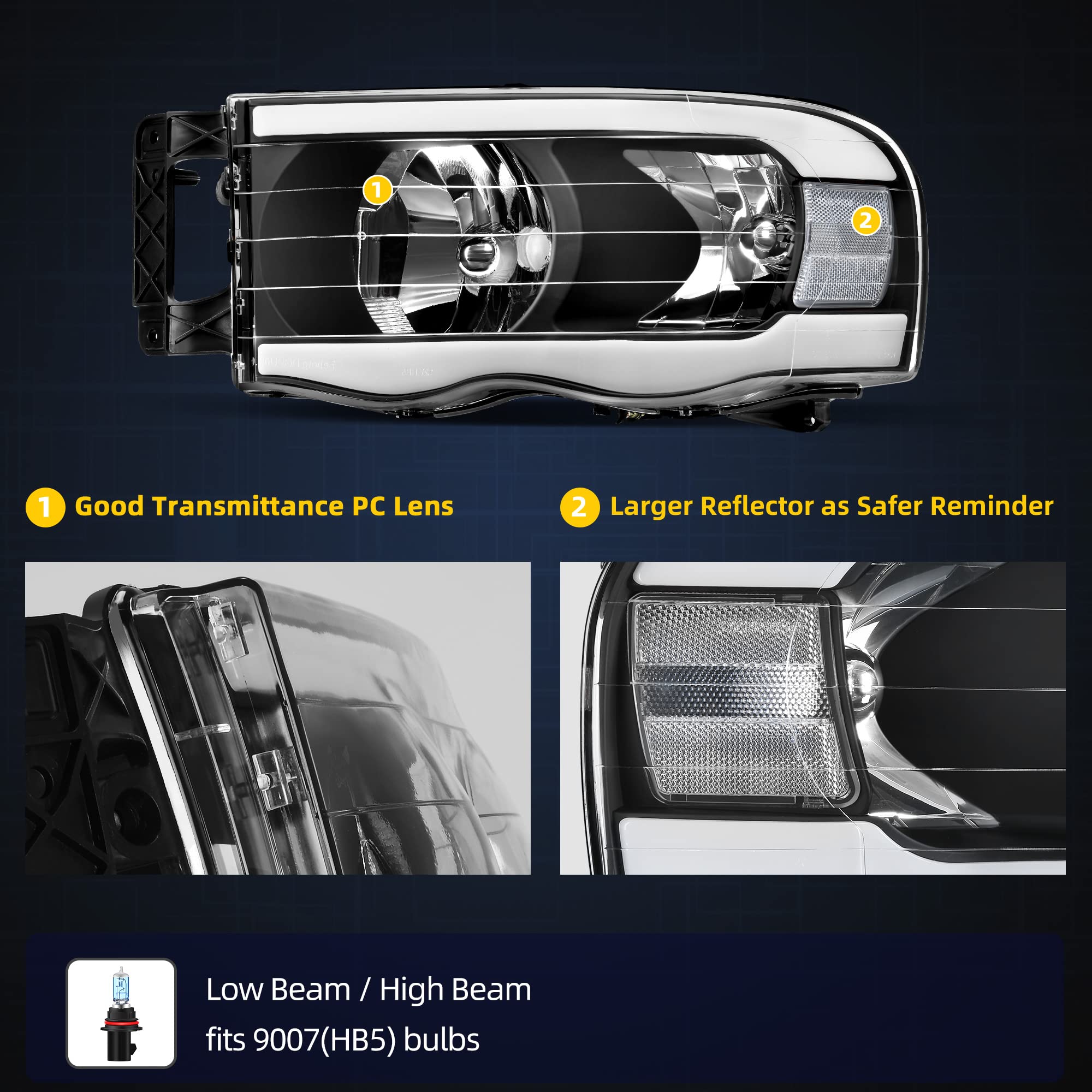 Dwvo Headlight Assembly Compatible With 2002 2003 2004 2005 Dodge Ram 1500/2003 2004 2005 Dodge Ram 2500 3500 Pickup Switchback